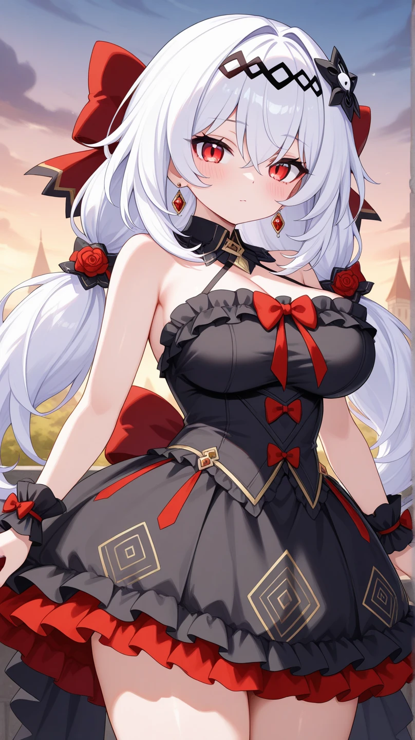 Long white hair, red eyes, with heart shape pupils in  blushing while sitting, wearing a sexy uniform, medium breast.