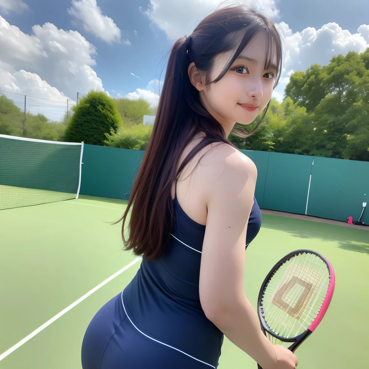 A young female tennis player in a sleek blue outfit stands ready, gripping her racket with both hands in a poised stance. Sunlight accentuates the crisp lines of her attire and the polished strings of the racket. Her determined gaze locks onto an unseen opponent, exuding confidence and focus. The lush green grass of the tennis court stretches into the distance under a clear blue sky. This dynamic scene blends elegance, power, and athleticism, capturing her readiness to strike with precision and grace.A 20-year-old woman smiles gently, friendly. (RAW photos, top quality), (realistic, photo-realistic:1.4), masterpiece, extremely delicate and beautiful, highly detailed, 2k wallpaper, ultra-detailed CG unity 8k wallpaper, ultra detail, high res, soft light, beautifully detailed girl looking back, extremely detailed eyes and face, beautifully detailed nose, cinematic lighting, perfect anatomy, slender body. Long hair, dark hair, dark eyes.