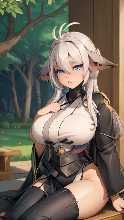beautiful girl. 20 years, ash blonde hair, fox ears on his head, SMILE, blue eyes light skin, large well-formed breasts, ropa apache tribal , background a mayan temple in la salva,