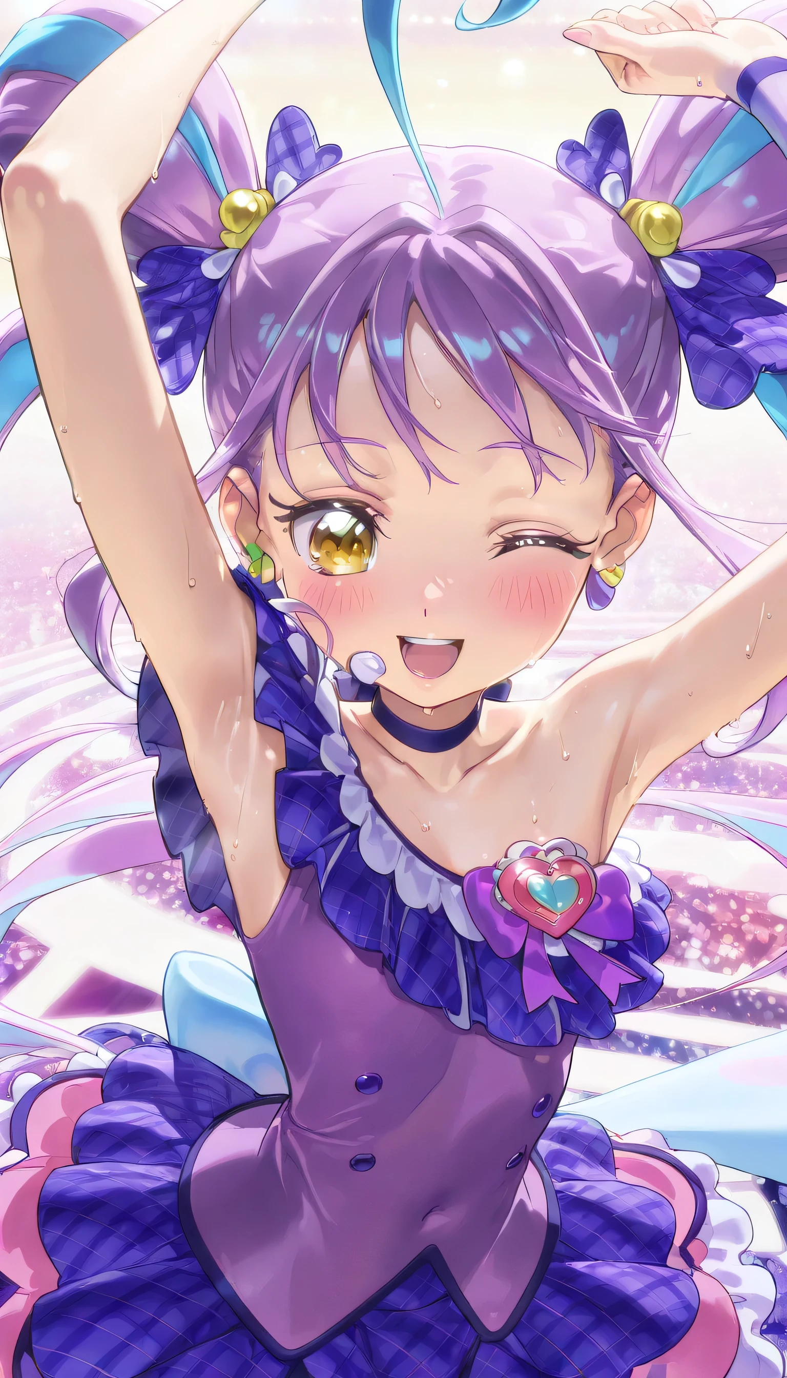 (masterpiece, finely detailed beautiful eyes: 1.2), ultra-detailed, ultra high res, professional lighting, high quality makeup, beautiful detailed eyes, Extremely cute, (extremely detailed beautiful face), (Authentic skin texture:1.4), very aesthetic, latest, scenery (delicate), Volumetric Lighting,  depth of coverage, shiny skin, (dynamic angle for women, front view), (purple idol frilled one-piece type costume:1.4), (cure kyunkyun, kimi to idol precure:1.1), (1 ultra super extremely cute junior high school student girl), (flat chest:1.1), drooping eyes, (blush:1.3), (sweat), happy, wink, open mouth, (slender body, slender stomach:1.1), long volume hair, armpit focus