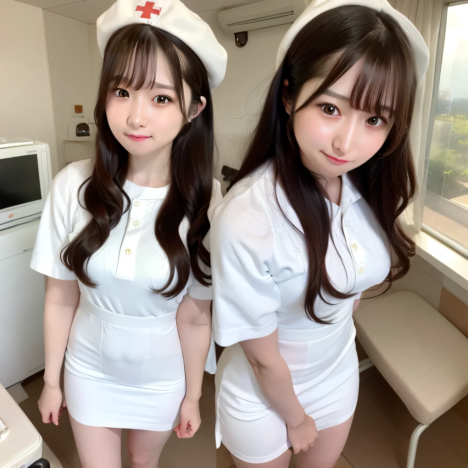 A breathtakingly beautiful 20-year-old woman stands in a warmly lit hospital room, dressed in a white mini-skirt nurse uniform with a matching cap. Her shy smile adds a touch of charm, while the surrounding medical equipment and furnishings create an authentic yet welcoming atmosphere. Long hair, dark hair, dark eyes.