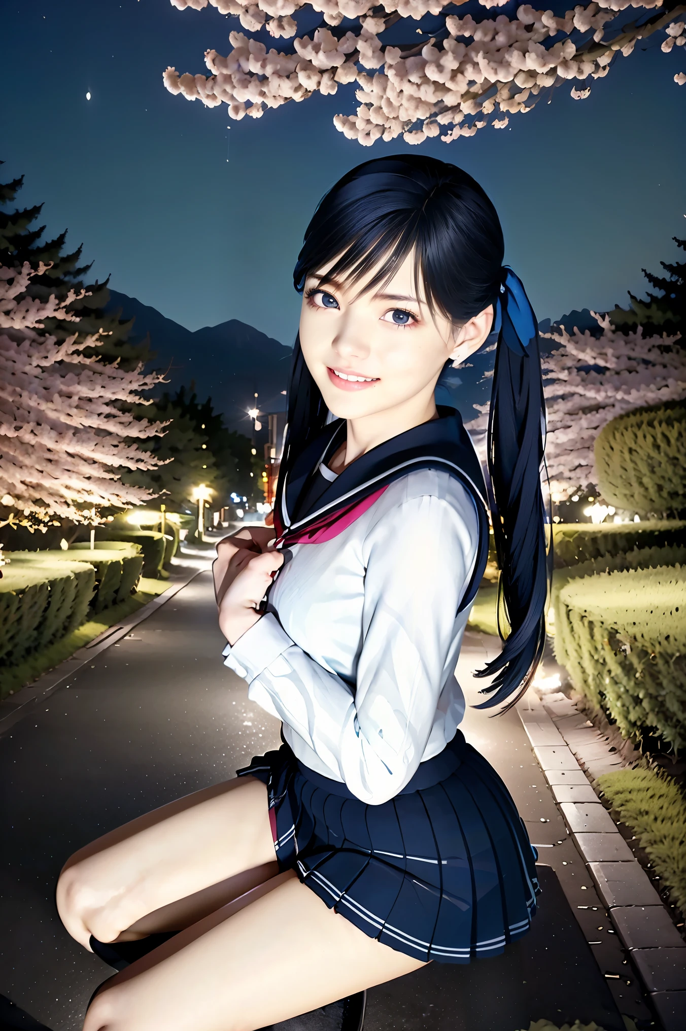 (8k, Best Quality , masterpiece:1.2), ( realistic, photo- realistic:1.37), very detailed, Best Quality , Super fine, professional lighting , photon mapping , radiosity, teeth、、represents a spectacular natural lscape with physics-based rendering, cinematic lighting to st upright , Late night road, The depth of the letter frame , sitting on a chair and concentrating sharply ,SUNSHINE, good configuration,(Bokeh:1.2) one girl on her back, alone,(full body), ( 彼女teeth口を閉じた ), Beautiful Cute Eyes , pause, A slim waist from the video department, Japanese High School Girls , BLACK HAIR, holta bra, long hair ,sailor、black high socks、女子高校生のsailor服、happy smile、彼女teeth幸せ、