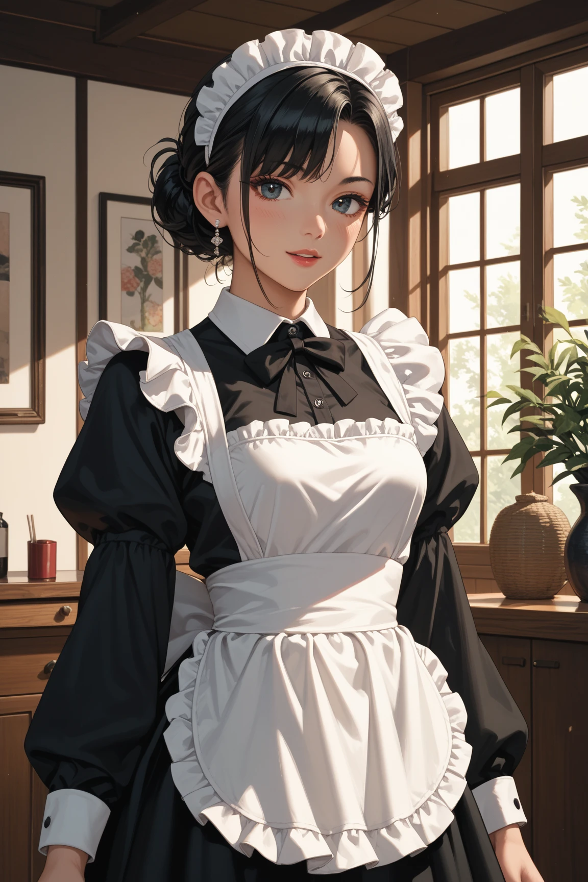 ((((masterpiece, best quality, high resolution)))), Extremely detailed 8K, Beautiful girl with voluptuous body, (Ultra HD, Ultra-detailed, Highly detailed, Highly realistic, Ultra-realistic, photograph realistic), (1girl:1.5), (Realistic black hair), (long silky hair, hair ornaments, earrings), (dynamic poses), facing at camera, looking at viewer, (blushing red, embarrassed, exhausted, smile), (violet eyes, sharp eyes), (big perky breasts:1.2), (wide hips:1.2), (beautiful detailed face, beautiful detailed eyes), ((maid outfit, maid apron, cat ears headband)), (standing up:1.3), sweat, glow, (sunbeam, sunlight), ((cowboy shot)), coffee shop, seductive