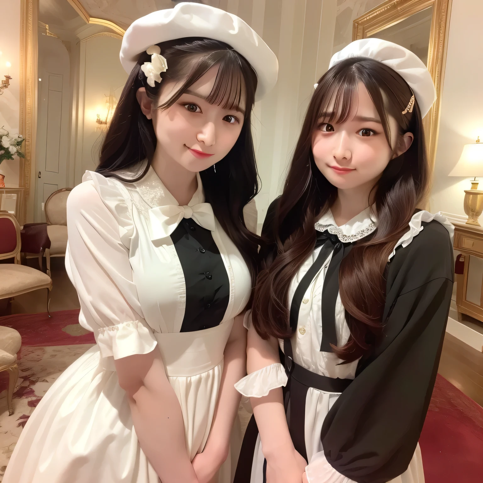 A breathtakingly beautiful 20-year-old woman stands in an opulent mansion room, dressed in a classic black-and-white maid outfit with a short hem and a white brim cap. Her confident smile radiates warmth. The room features elegant furnishings and decor befitting a grand estate, bathed in soft, natural lighting that enhances the sophisticated ambiance. Long hair, dark hair, dark eyes.