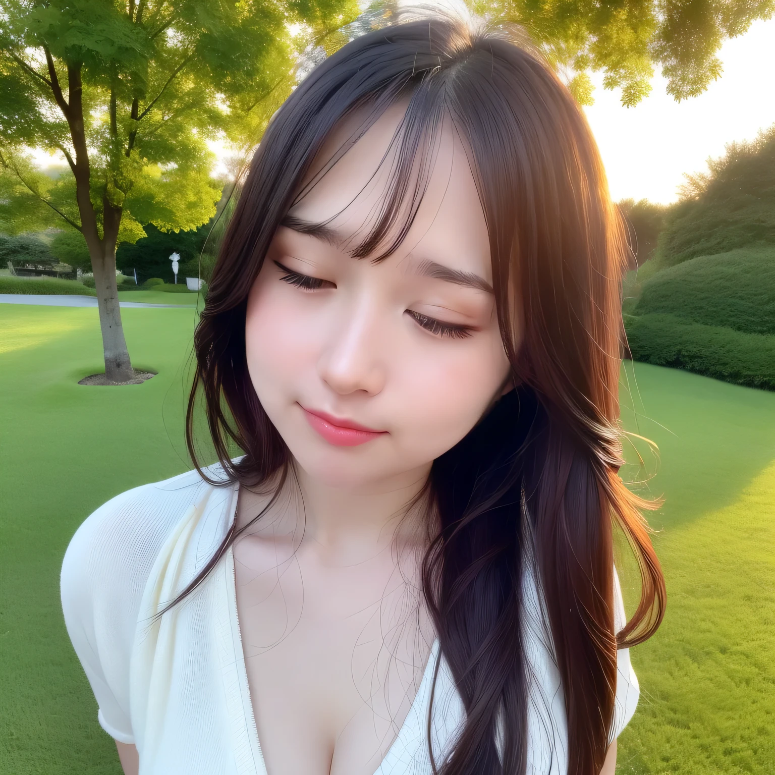 A breathtakingly beautiful 20-year-old woman stands in a lush green park at sunset, bathed in the warm golden light of the evening sun. Facing forward, her eyes gently closed, cheeks slightly flushed, and her face tilted upward as if anticipating a kiss, she embodies serenity and romance. The soft hues of the sunset complement the tranquil surroundings, enriching the dreamy atmosphere. Long hair, dark hair, dark eyes.