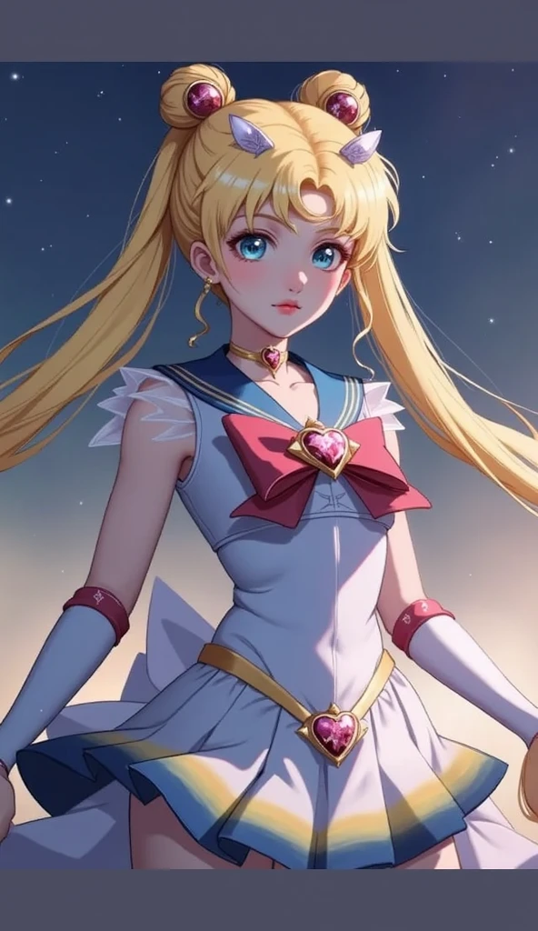 1girl, a woman as a superhero, (extremely detailed CG unity 8k wallpaper), photo of the most beautiful artwork in the world, Intricate, High Detail, Sharp focus, dramatic, photorealistic painting art by midjourney and greg rutkowski,
(looking at viewer:1.2), (detailed pupils:1.3), ((full shot:1.5)), (eyeliner), (strong cateye makeup), slim body, <lora:MyBreastHelperRS:1>, (flat chest:1.2),
<lora:sailor_venus:0.9>, sailor_venus, angry face, (blue eyes), night, starry sky and the moon in background, magic glow around hands,