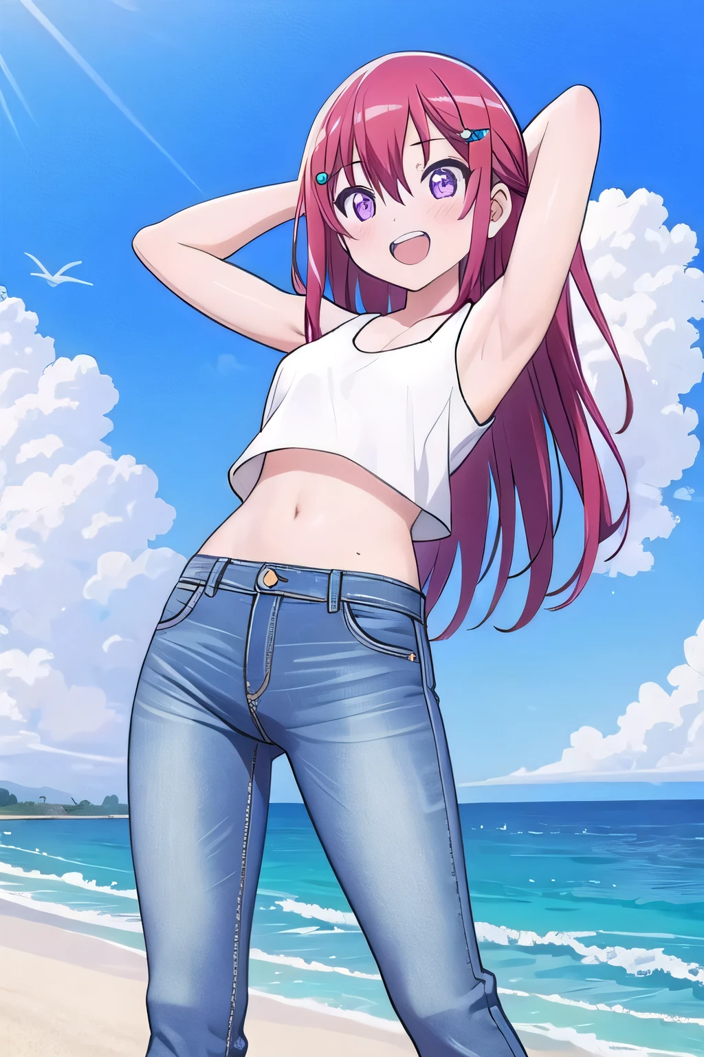 masterpiece, best quality, ultra detail, ((Perfect Face, perfect eyes, perfect hair, perfect arm)), 1girl, o, petite, ((round face, ecstasy, orgasm face, drooping eyes, shame smiling, blush)), dropping eyes, sleepy, Open mouth, ((White teeth)), background((under the beach, (day:1.2), ocean, bright sky)), kanzaki tomoyo, (purple eyes:1.2), (red hair:1.2), crossed bangs, hair between eyes, hair ornament, x hair ornament, (medium hair:1.4), (straight hair:1.7), ((arms behind head, hands behind head, fingers behind head)), ((contrapposto)), spread armpits, looking at viewer, (white tank top:1.4), (white crop top:1.4), (jeans pants:1.2, flares jeans:1.2, skinny jeans:1.2, blue jeans:1.2), standing, (legs spread:1.4), sex pose, Sweaty crotch, Steam from the crotch, from below, whole body
