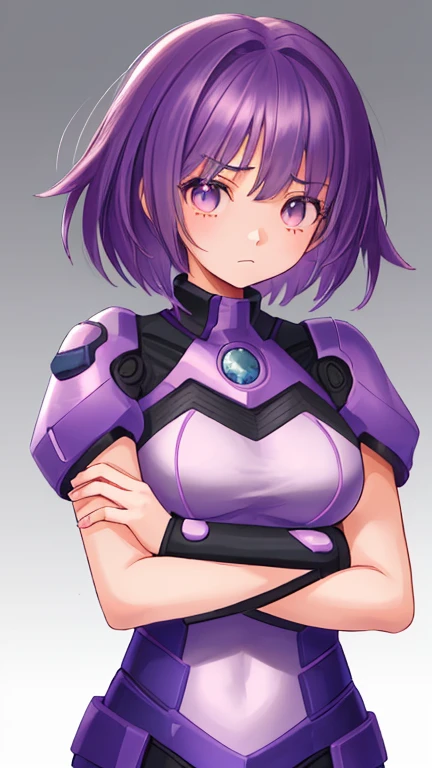 Create a Boku no Hero Academia student with purple hair and eyes of another color with a piercing in the eyebrow and a hero suit that has an open back and is in shades of purple and blue. 