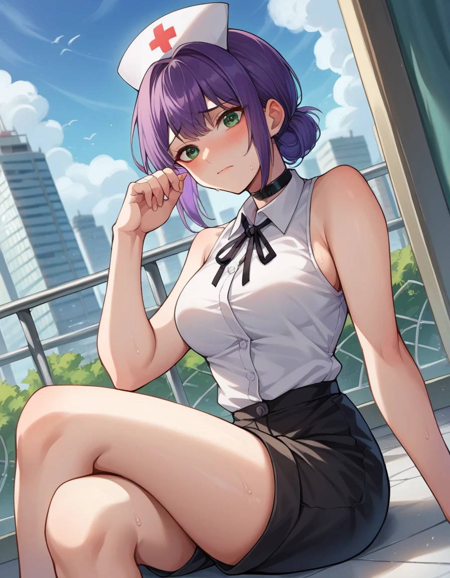 (masterpiece, ultra high resolution, Maximum detail), beautiful girl, Pioneer, pioneer uniform, pioneer skirt,tie and shirt, Girl hairstyle two pigtails , green eyes, Lilac hair,sitting on a bench in a pioneer camp