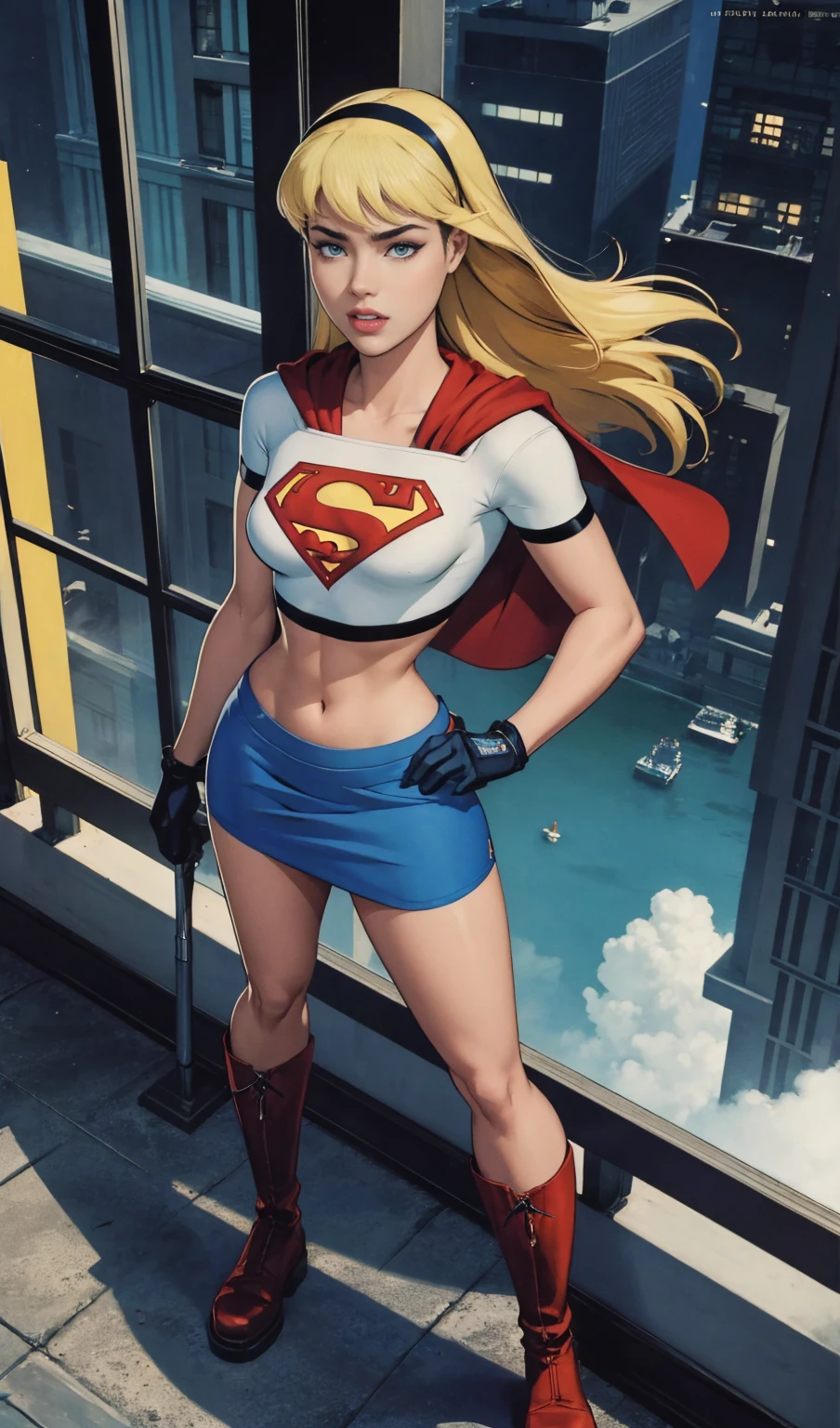 (tiro de cowboy), sfw, (Masterpiece artwork), (best qualityer: 1.0), (ultra highres: 1.0), detailedeyes,
BREAK Supergirl, 1girl, long blonde hair, mid-air, flying hair band, \(offwhite\) crop top, shortsleeves, layer, blue pencil skirt, mitts, boots
BREAK
(clouds, city in the generated mountains, sultry posing, neve