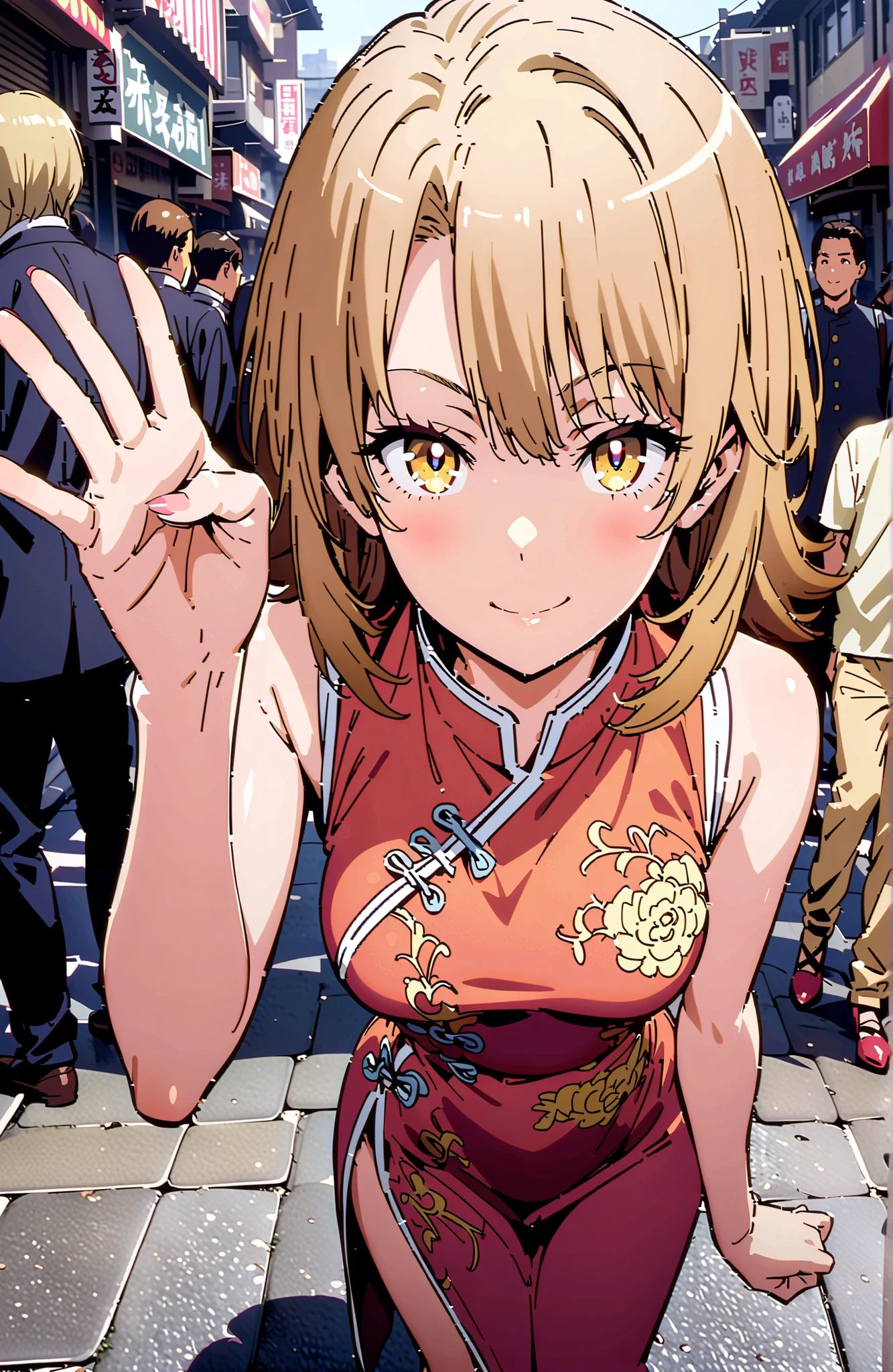 Irohaisshiki, Isshiki Iroha ,solo, short hair, brown hair, brown eyes,narrows her eyes,smile,cover,grins,yellow sleeveless Chinese clothes,Medium breast,Long side slits,pin heels,standing, peace sign pose ,crowd,full bodyがillustrationsに入るように,break outdoors,Chinatown,
break looking at viewer,full body,
break (masterpiece:1.2), Best Quality, high resolution, Unity 8k 壁紙, (illustrations:0.8), (beautiful detailed eyes:1.6), very detailed face, perfect lighting on the table, Extremely Detailed CG, (perfect hand, perfect anatomy),