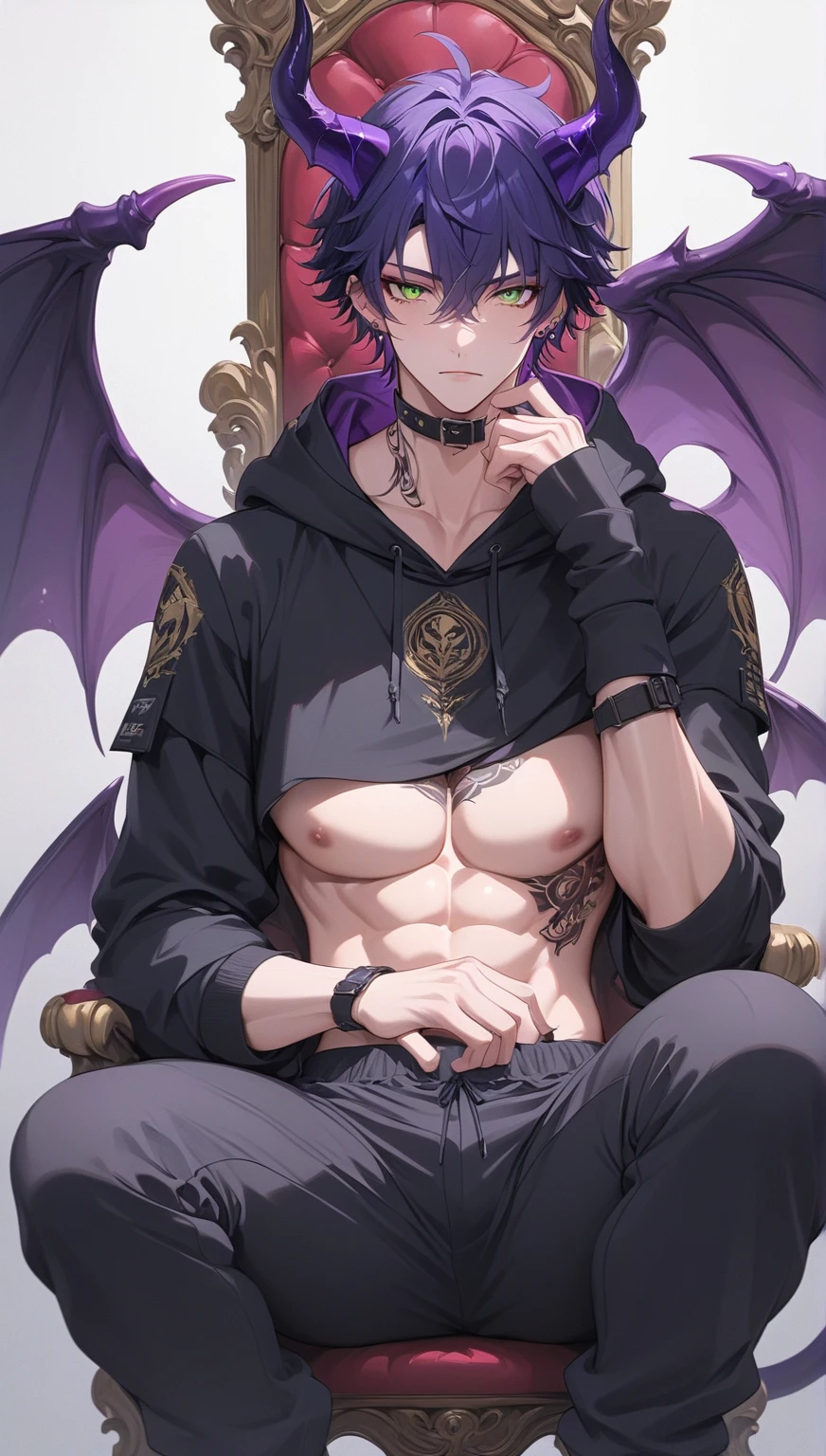 Best quality, homme incube, cheveux court, cheveux noir/mauve, who smiles pervertedly. Grand, stylish body with tattoos, une queue de démon, demon wings and long, pointed ears, un chocker autour du cou, bracelets and nipple piercings, oreilles, langues, nez