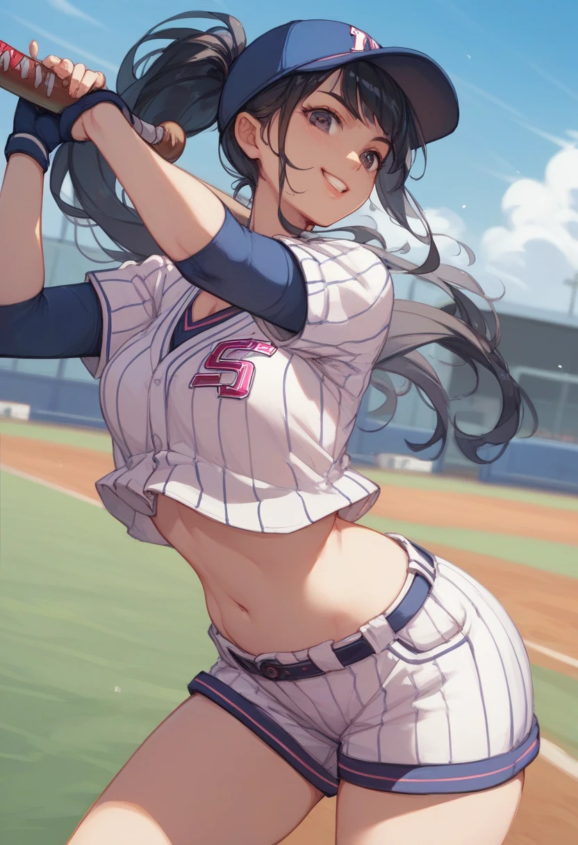 1lady solo, from above, standing, leading crowd in cheers, (baseball uniform shirt), jeggings, mature female, /(black hair/) bangs, (happy smile:0.8), (open mouth), (masterpiece best quality:1.2) delicate illustration ultra-detailed, large breasts, hands spread wide BREAK (holding noisemaker) in hand BREAK (baseball stadium) outdoors, lawn, audience, detailed background