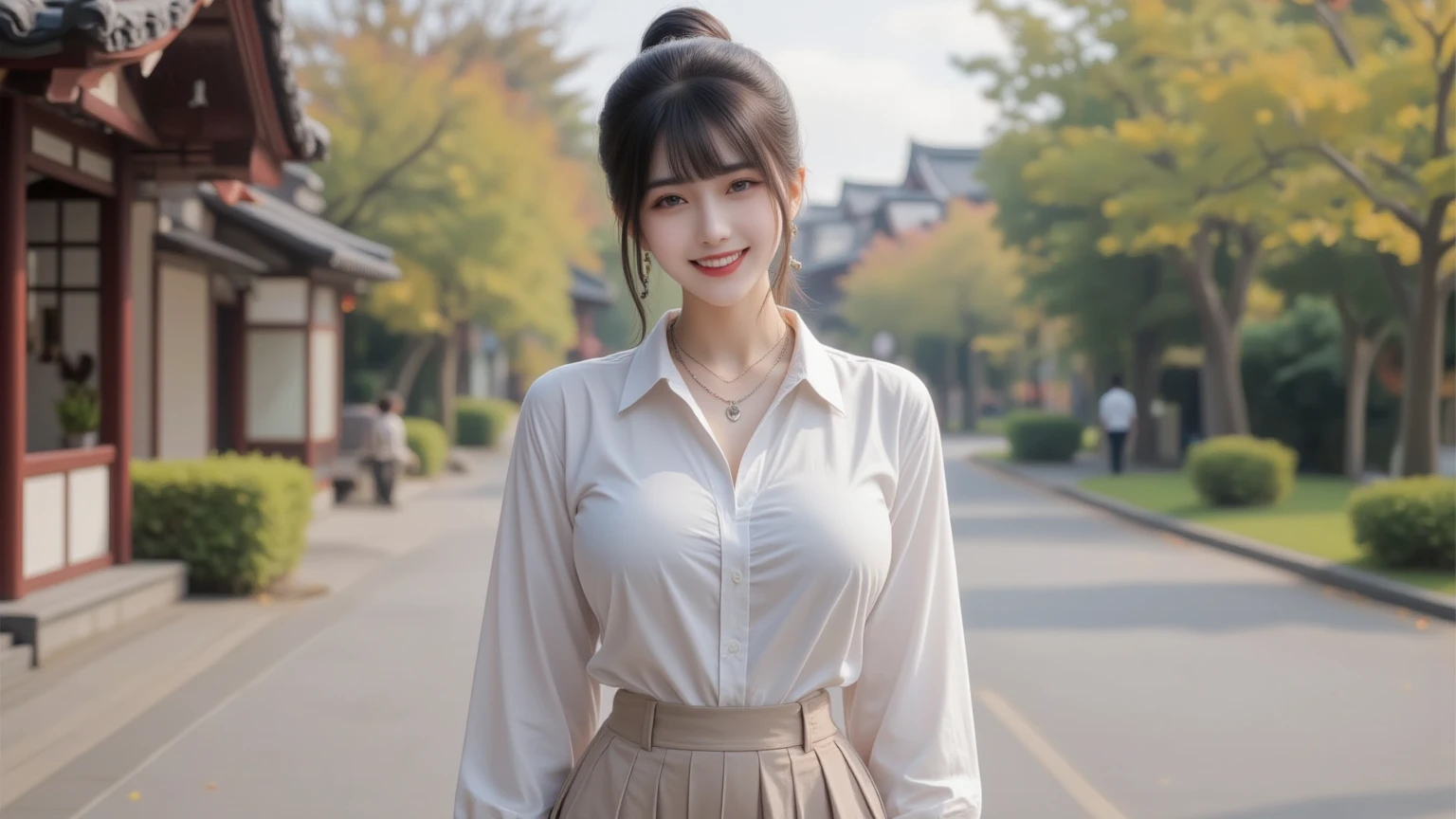 highest quality、masterpiece、live-action、Realistic、High resolution、4k、Japanese、Black Hair、Bun Hair、Japanese female college student、Cute Girls、20-year-old、Stylish、Cute smile、Background is cherry blossoms、Whole body -- 9:16