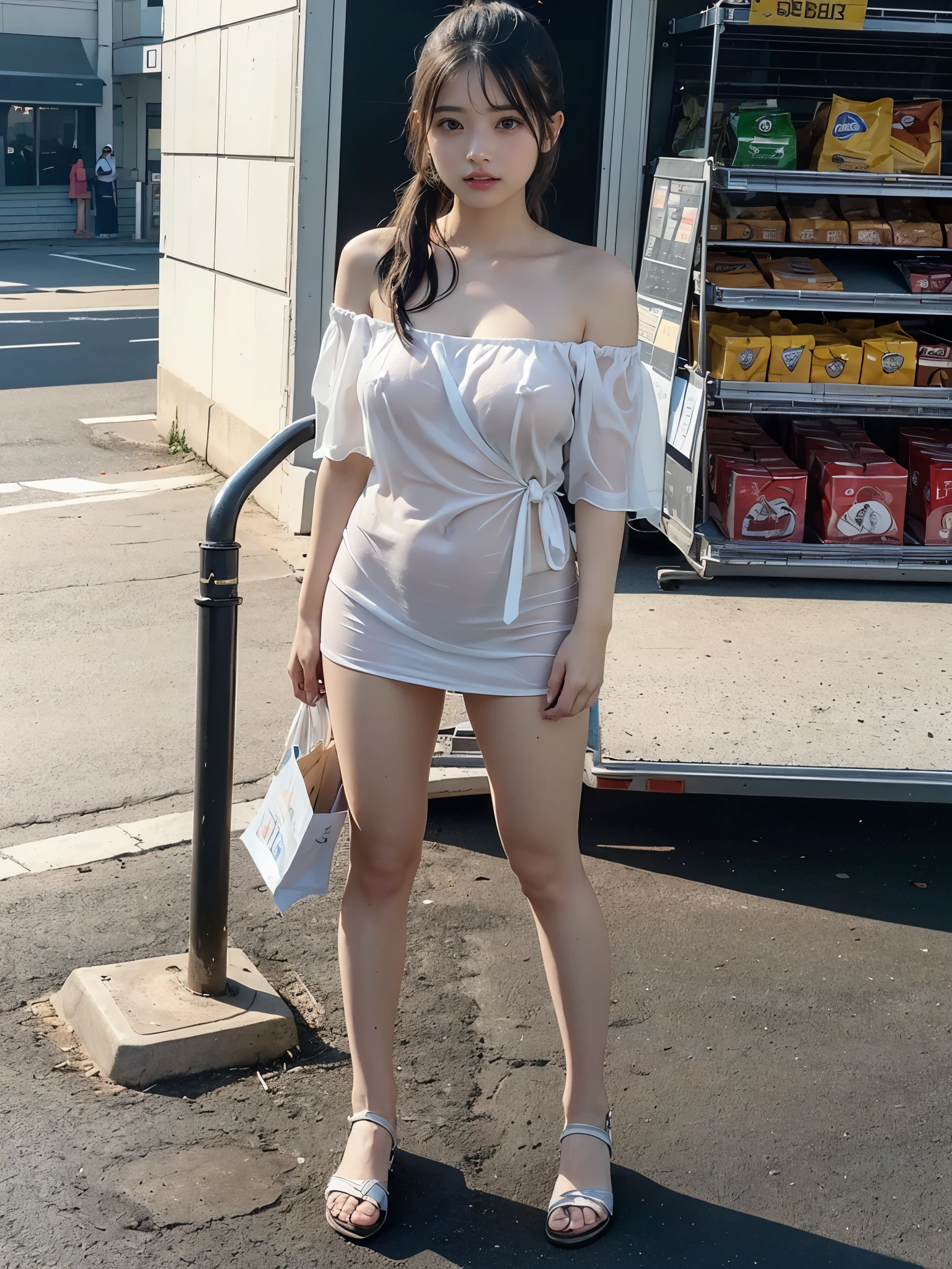 absurdres, RAW photo, extremely delicate and beautiful, masterpiece, Best Quality, ultra high resolution, 16k, hyperrealistic, realistic, photorealistic, photo-realistic, ultra-detailed, perfect anatomy, super Detailed skin, perfect figure, Very detailed CG 8k wallpaper, nude, pussy, shaved pussy, nipple, perfect nipple, perfect breast, round breast, perfect fingers, (full body :1.6), super white skin, standing, blushing, windy, sexy leg, smile, puffy hair, bangs, long leg, (nude girls), messy hair, flat bangs, sexy lips, cute hair, no bra, walking, from below, all hands down, gold necklace, small round breast, perfect small round breast, perfect pussy, vagina, nude, long leg, shy, (many people walking on background), cute girl, all hands down, walking, topless, (no panties), sun, sunny day, straight hair, topless, nipple out, ((all hands down)), breast out, angkle boots heels, pull down dress, breast out, from bellow, nipple slip, topless, on the city street, holding gucci bag, topless, all hands down, nude , red lipstick, full body, from bellow, angkle boots heels, celebrity, ((many people on background)), walking on busy street, bodyguard behind you, many people watching you, red angkle heels, wearing sexy long skirt, very long skirt, high class girl, blushing,, topless, all nude, breast popped out, open dress, pull down dress, strapless dress, summer, mini silky dress, smile, happy, wearing black sunglasses, wearing fashionable summer hat, private jet on background, windy, at airport, 2 body guard behind you,