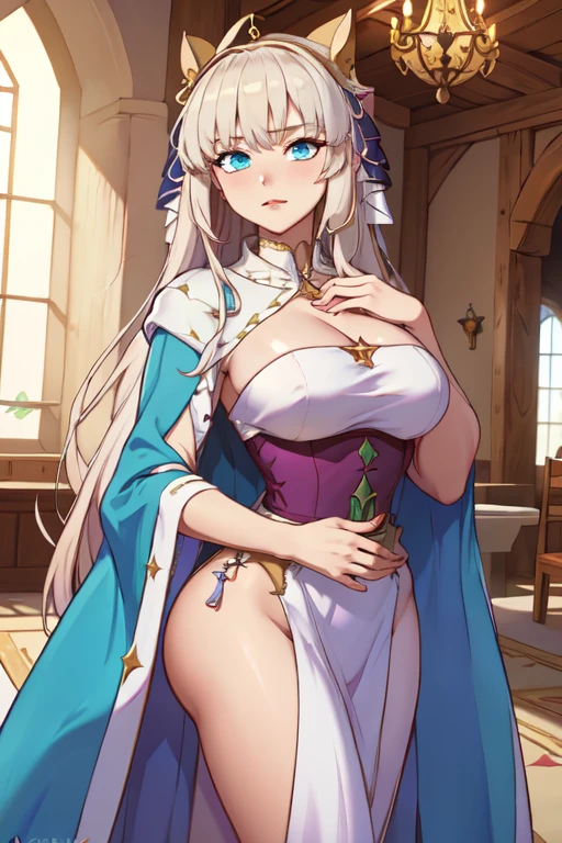 (extremely detailed CG unity 4k wallpaper),(masterpiece),(best quality),(ultra-detailed),(best illustration),(best shadow),(absurdres),(Detailed background),Russian Woman, super long snow-white hair, Pale Skin, Glowing Golden eyes, Long eyelashes, medium breasts, Simple peasant dress, Forest with cute Cottage in the background,