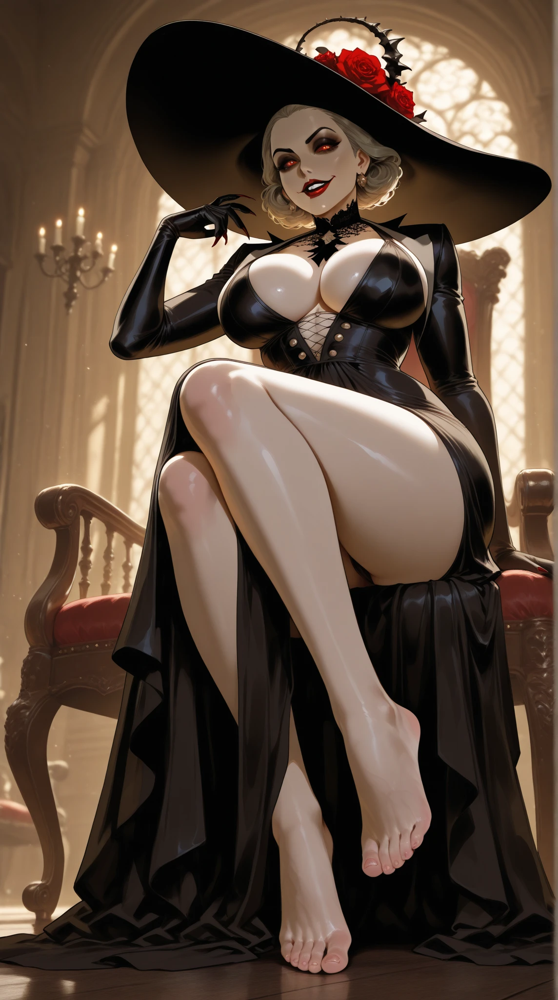 ((best quality)), ((masterpiece)), (detailed), perfect face, (((Big tits))), hot young chick girl, black lava outfit, stocking, black latex slime, beautyful face, ((stocking)), high heels, (( long length hair)), ((detailed eyes)), lightning in the background, ((dark horror castle in the background, ((lace thigh fix), garter belts (((the clothes melt off her))), (((black paint splattered on it))), (flying dragon in a background), black damaged corset, ((her clothes were torn in several places))), high heels boots, latex lingerie, (nun costume), (((he wearing a black venom face mask))), venom, black dark venom, ((black lacy brassiere)), perfect detailed , (detailed eyes), ((crossed legs)), (((platform high heels boots))), hot long legs, ((full body)), hot ass, ((it is photographed from side)), (sitting a chair), ((crossed legs)), ((fullbody)), latex, erotic pose, boob, big 