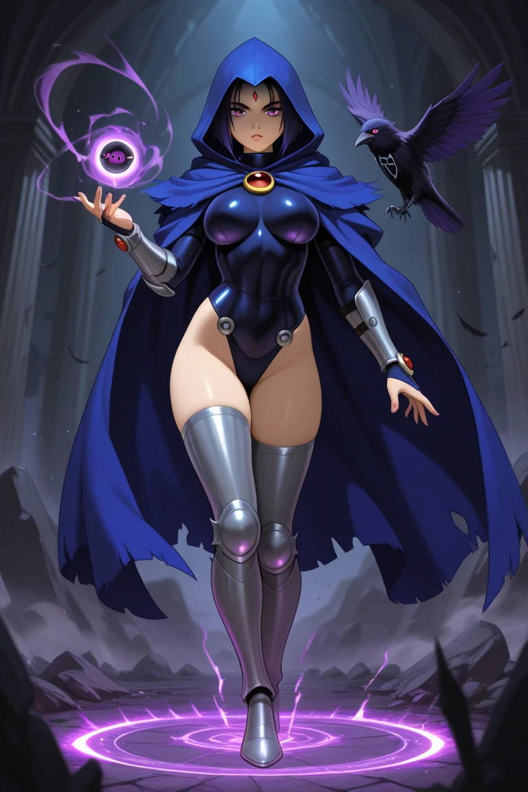 RavenTT, solo Raven DC drawn with comic book traits, wide hips, navy-blue cloak, black leotard, brooch, belt