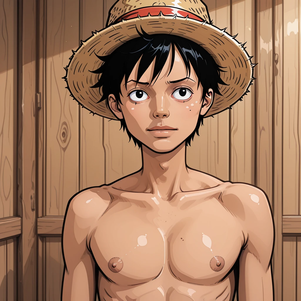 A chubby black barber with square hair and no beard wearing a black and white shirt cutting Luffy's hair with the straw hat from One Piece
