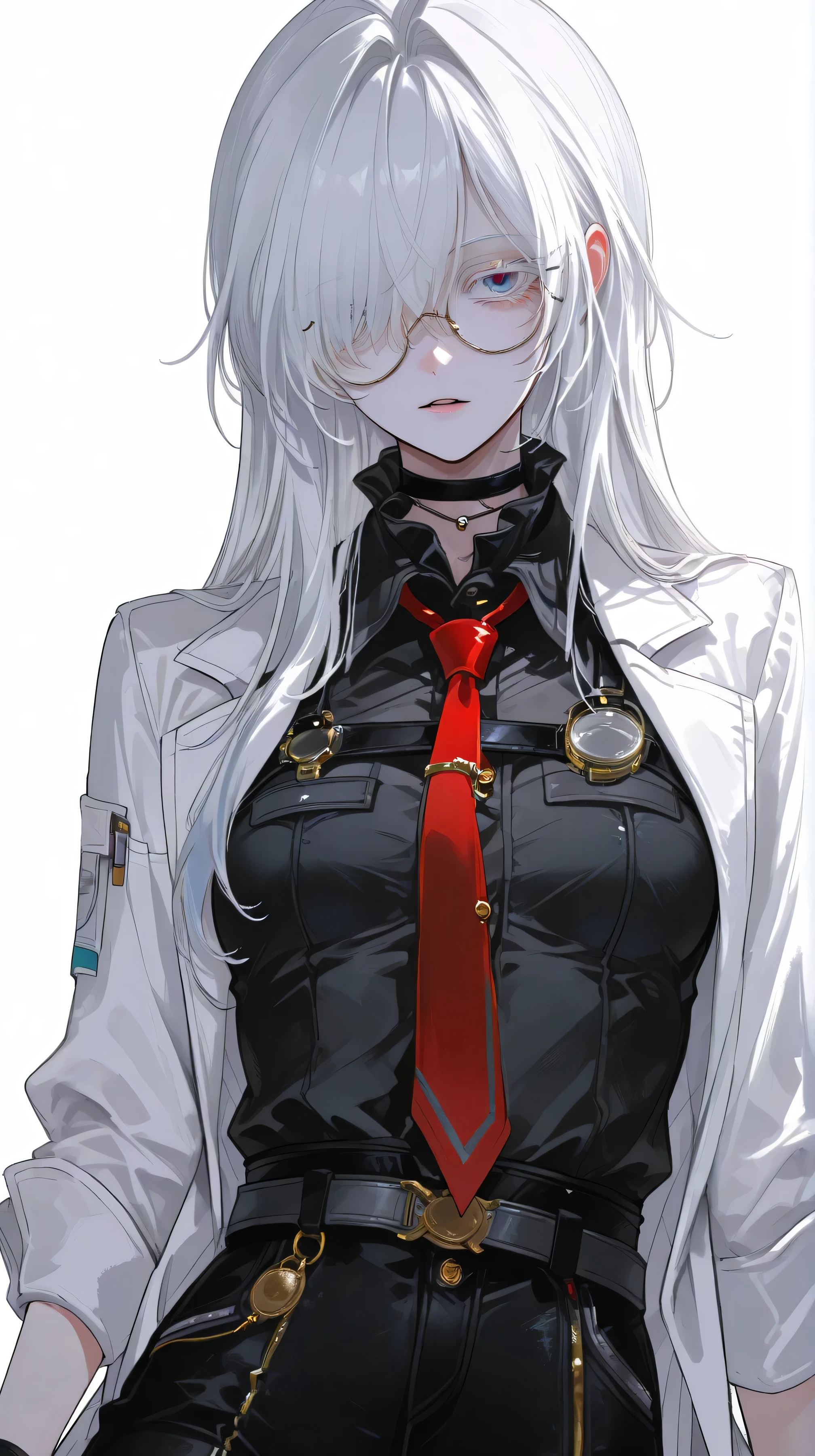 solo , lab coat , single , 1girl, single , z4ni , young girl , round glasses , very long hair , blue eyes , White hair , empty gaze , bangs, long hair, hair over one eye, Small Breasts , parted lips , looking at viewer, colored eyelashes, eyelashes, long eyelashes , albino , black shirt , red necktie , black pants , black choker , long sleeves, black gloves, portrait , half gloves ,white background , 748cmstyle