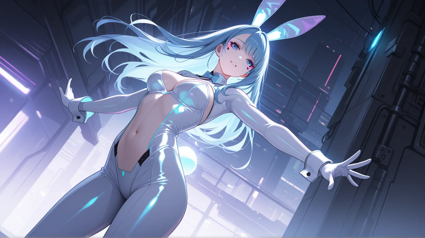 Angel kof,blue eyes,short hair,white hair,hair over one eyes, navel, cowboy boots, cleavage, 1girl, jacket, cropped jacket, leather, fingerless gloves, underwear, panties, chaps, gloves, boots, strapless, smile, leather jacket, solo, strapless bra, toned,Big breasts, big thighs