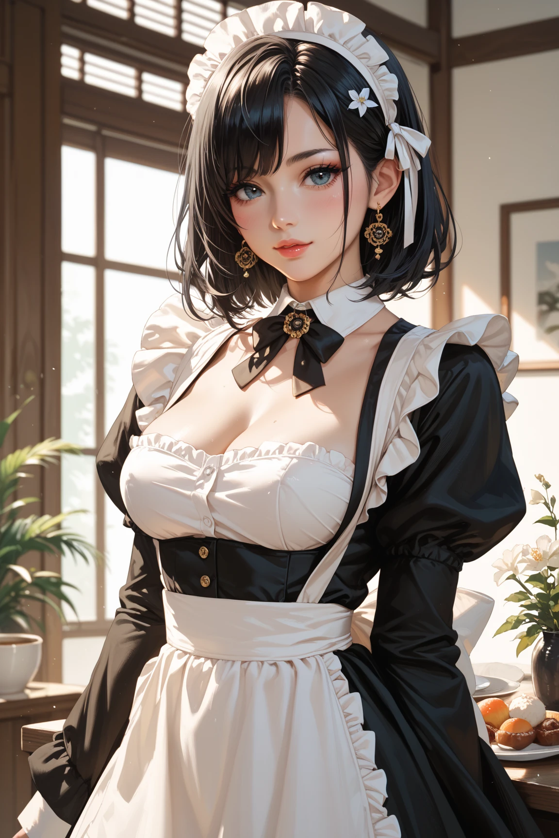 (Personagem original、Unity 16K Wallpaper, master part, best quality, ultra-detalhado, CG extremamente detalhado, caustics, Cinematic lighting, circunstanciado, belos olhos detalhados, sozinho,mulheres sexy), Ultra high resolution, pele fina, (maid, maid apron, cocar de empregada), (luz forte)、pele oleosa,Curby:1.2,mulheres sexy,carinha de diabinho, master part, best quality, 1girl, menina jovem bonito, adolescente, sozinho, Gargantilha, entediado, short hair, cabelos pretos, (((cabelos muito cacheados))), goth girl,  olhos negros, elvish ears, orelhas pontiagudas, dentro, clivagem:0.5, body curvy:0.5, ((maquiagem preta, Sombras pretas, Batom Preto,)),