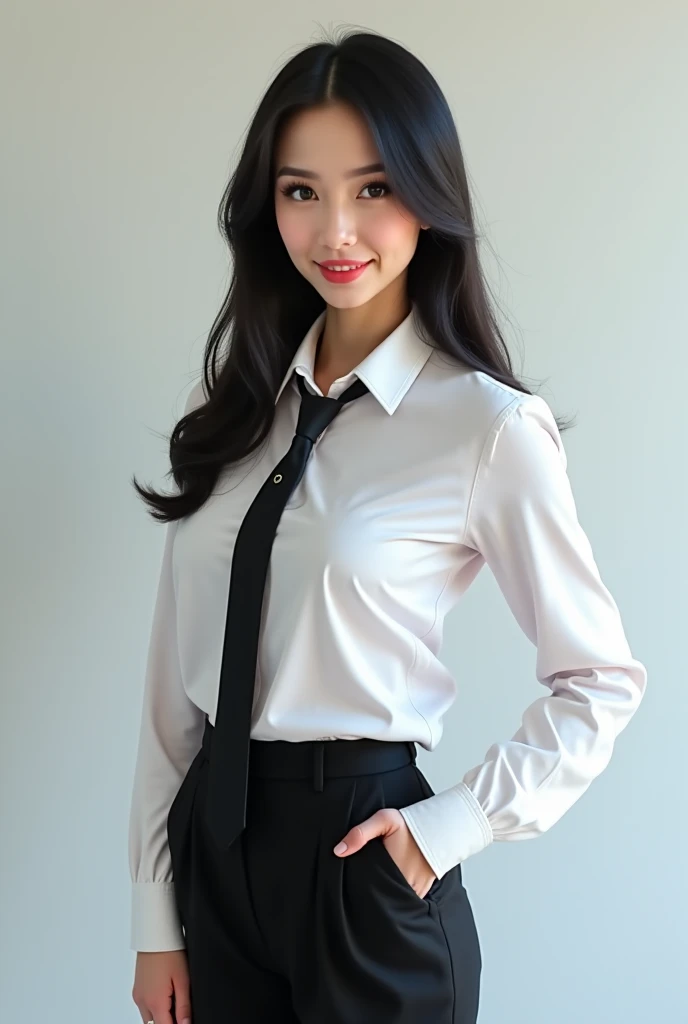 (photorealism:1.2), a woman with brown hair, wearing a white sleeveless blouse and black pants and a black tie.
