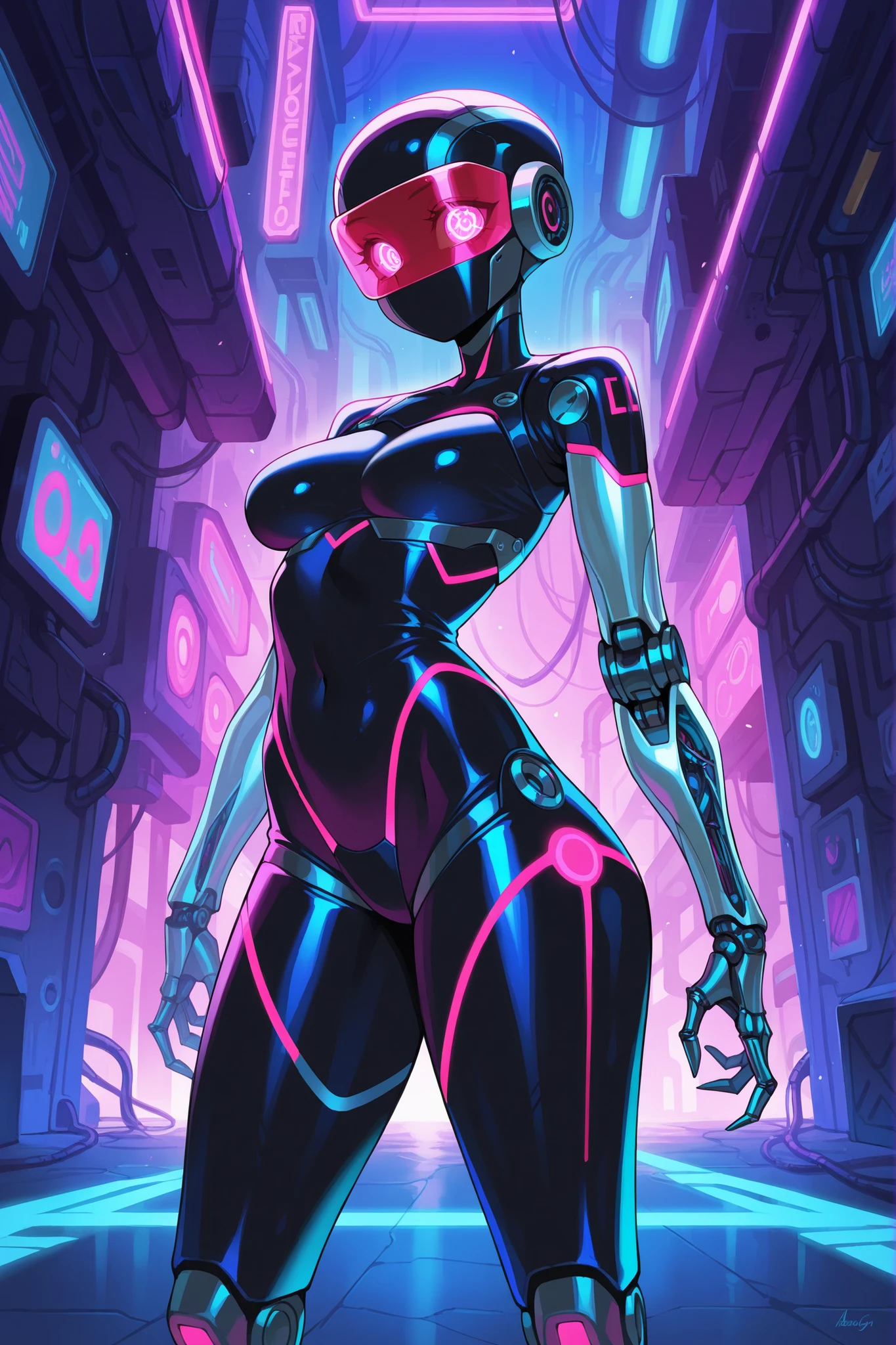 Dronificated unknown girl(10 years old) in a fully enclosed black latex fullbody suit with red lights across the suit and heart shaped glowing core in the chest, fully enclosed cyber helmet that cover her whole face and hides her identity with only two glowing red lines in it's otherwise, empty black face, flat chest, narrow waist, wide hips and thick thigs in a storage, no face, no hair, no mouth, no eyes