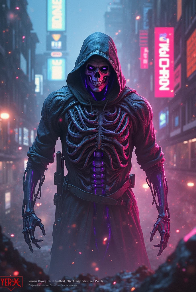 A post apocalyptic photo of a white hooded, alien and blue eyes features an angry angry alien creature, an alien skull and large teeth, made by Mandy Jurgens and Mary Jurgens and Thomas Kinkade, Ambient occlusion, Cycles Render, Dim lighting, Arnold render, 8k, octane render, Artstation Artstation HQ, unreal