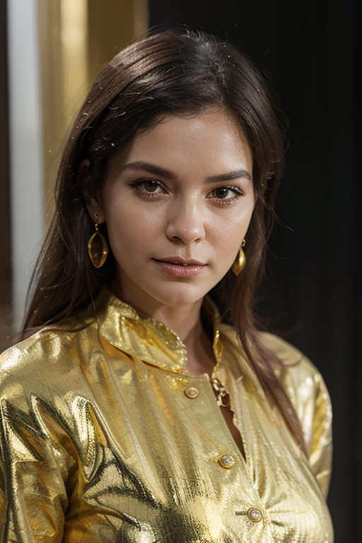 a close up of a woman in a gold dress posing for a picture, sexy look at the camera, sexy face, gorgeous latina face, jaw dropping beauty