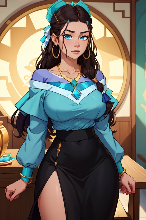 arafed woman in a blue dress with a gold belt and a necklace, 3 d render character art 8 k, trending on cgstation, chengwei pan on artstation, inspired by Lan Ying, 8k artgerm bokeh, 8k high quality detailed art, deviantart artstation cgscosiety, cgsociety 8k, cgsociety 8k