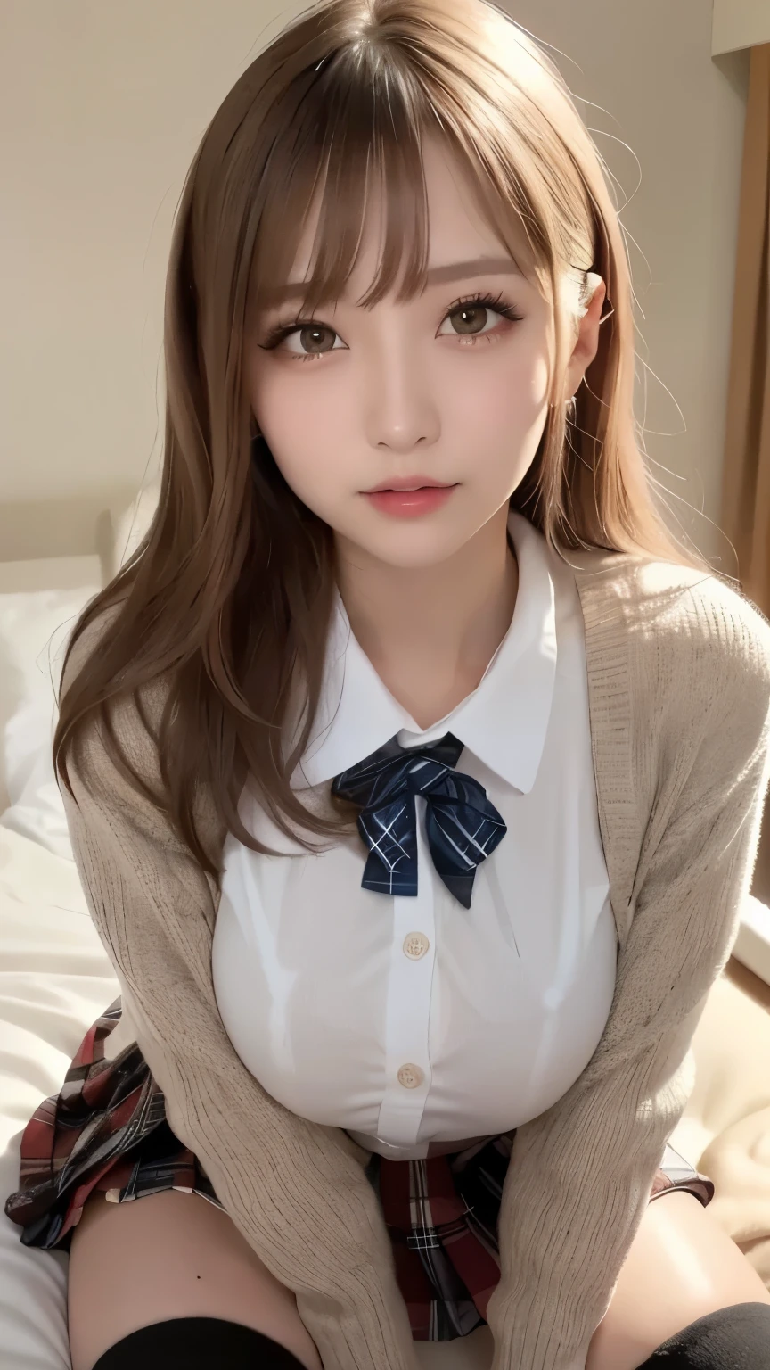     high image quality    、      Light Hair Color   、    beautiful eyelashes on chest  、18 years old、   Best Quality、   very well detailed 、     makes Cleevidge stand out   、 8k Wallpaper、   Beautiful Eyes 、詳細なメモ  、   cute face、 masterpiece,  Big Breasts ，   ( tall school girl , tall  , plaid pleated skirt,  Cardigan ,  over-the-knee socks , Chest : 1.3 ) ,(uniform、 白いcollared shirt   、   miniskirt 、Big Breasts:1.5 、  bed、   Sexy Poses、   plump breasts   :1.4、 超 Big Breasts )、    Lie down on 、 uniform、   collared shirt   、uniformシャツ、   Black Bra、   beautiful abs   、Beautiful navel、   makes Cleevidge stand out even when lying in the dark   、  very large breasts 、   upper body、 
