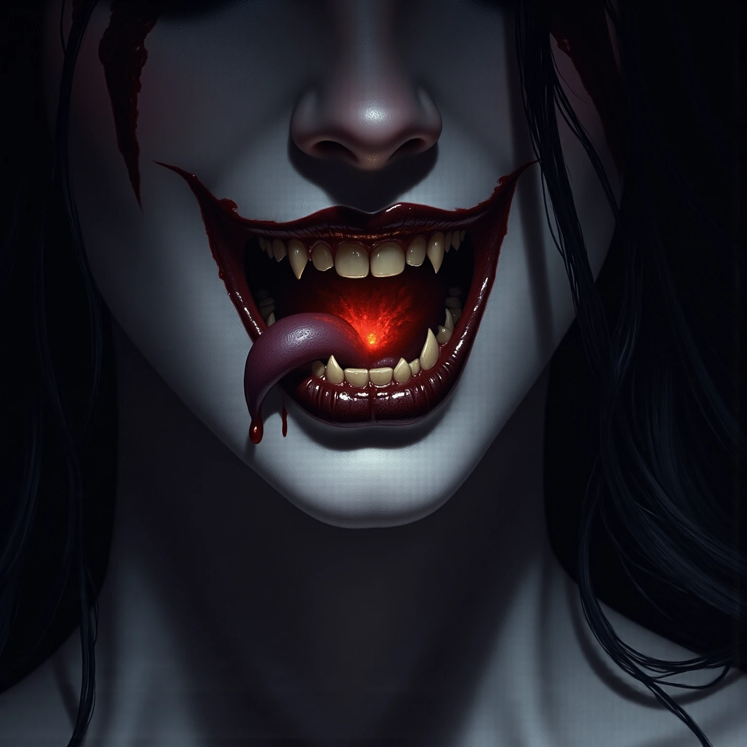 a close up of a person with a bloody mouth and a knife, blood dripping from mouth, dripping saliva, drooling teeth bared, glowing mouth, dripping blood, digital art ilya kuvshinov, with red glowing eyes, dripping skin, blood dripping, drooling, acid bleeding deep colors, eerie art style, ilya kuvshinov. 4 k