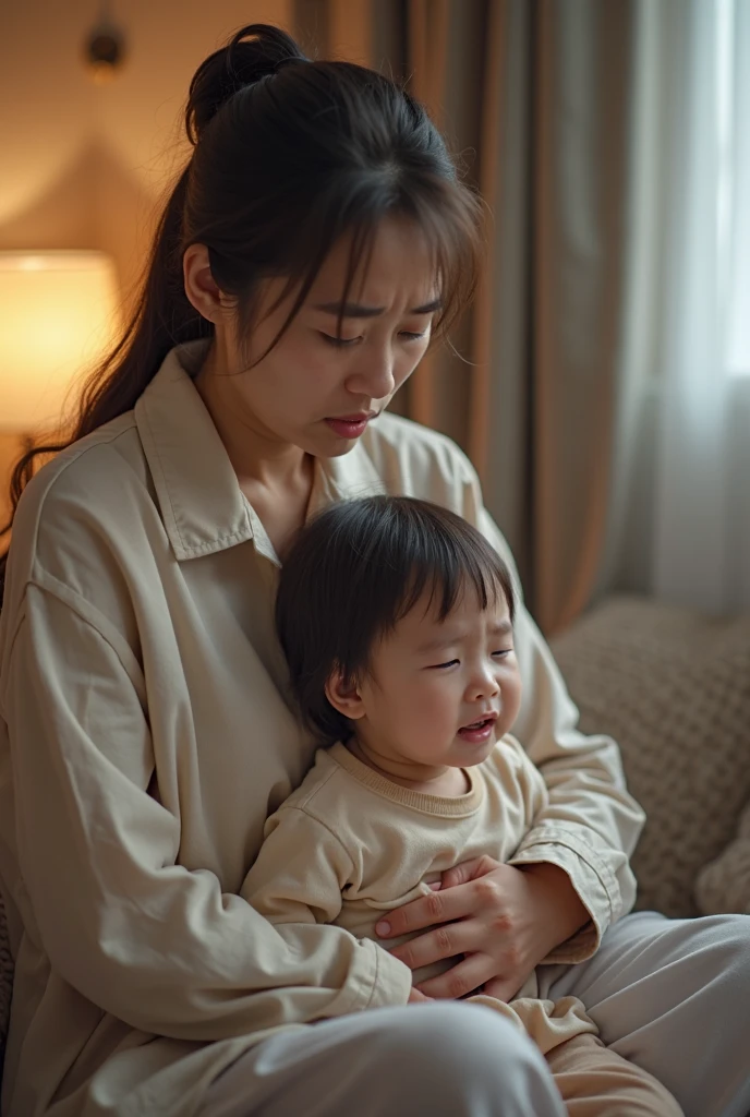 Elderly mother,Old faces,white hair,haggard eyes,burst into tears,sit on the floor,cry,holding child,child closes eyes