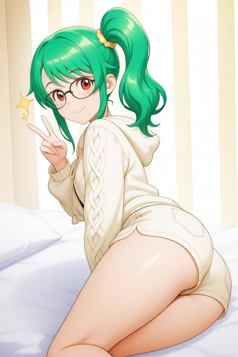  score_9,score_8_up,score_7_up, source_cartoon, source_furry, kemono style, ralsei from deltarune, Anthro furry goat boy, pink horns, pink eyes, feminine, femboy,  tall slender body, hourglass figure,  fully naked, nude, white furry body, wearing only his hat, green open cloak, pink thong, lying on a bed, bashful pose, bashfully tugging on the front of his hat