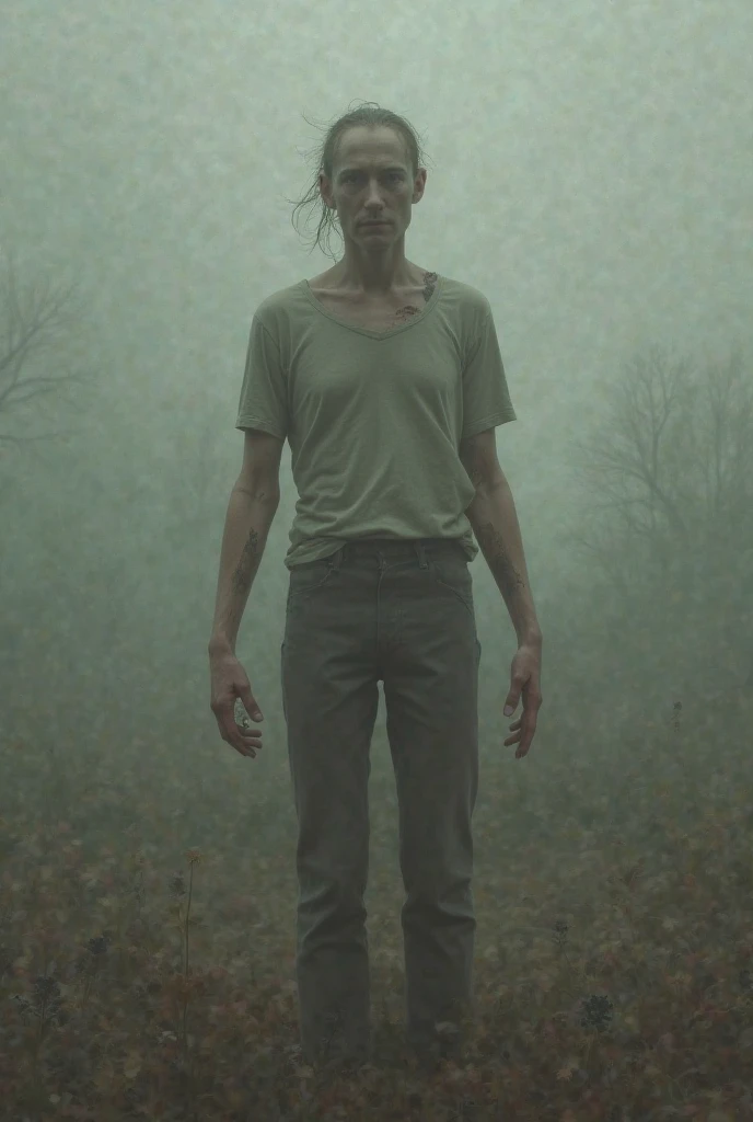 A skinny teenage boy looks like he hasn't eaten for a month and only his bones are visible. He is in the middle of a dense forest filled with twigs and mud.