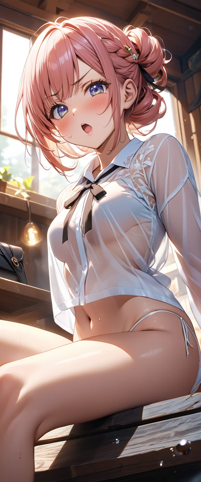 Shorts, arms crossed, cool, see-through, realistic: 1.33, ((((wet colored shirt)))), (((no bra))))), exposed shoulders and entire navel, no pants, ((((wet thin line thong panties)))), almost completely naked, nsfw, panties almost transparent, ((delicate private details)), (((thin line thong panties))) (master masterpiece: 1.2), best quality, high resolution, gradient pink hair, very detailed wallpaper, lying in bed, (Very detailed CG: 1.2), ((Bare pubic hair: 1.5)), Transparent, Full body, stockings, photorealism, ((Cameltoe: 1.5)), 8k, Perfect artwork, ultra-detailed rendering, highest quality, high resolution, detail maniac, realistic eyes, HD, high quality, delicate face, detailed body limbs, 1 girl, solo, fishnet clothes, dark lips, high forked long sleeves, bare breasts, blush, highlight, superb breasts, superb figure, white stockings, tights, open crotch, stockings, slim figure, dynamic posture,