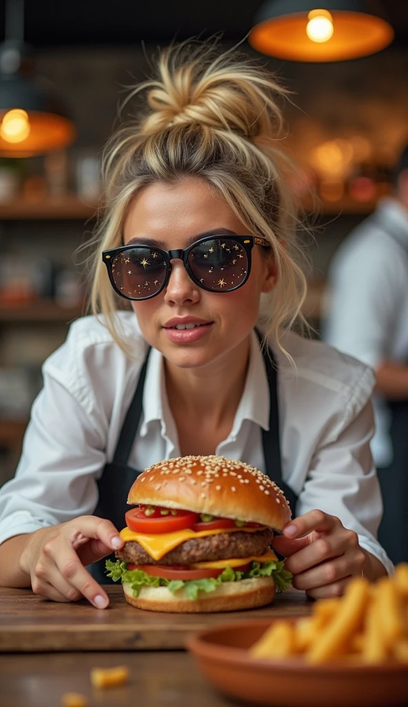 Emily Cooper from Emily in Paris eating hamburger