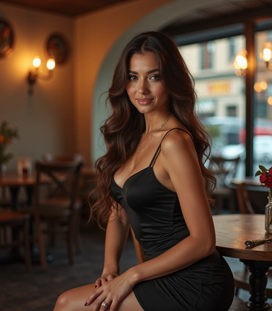 beautiful woman in a black short dress sitting in a table at a restaurant