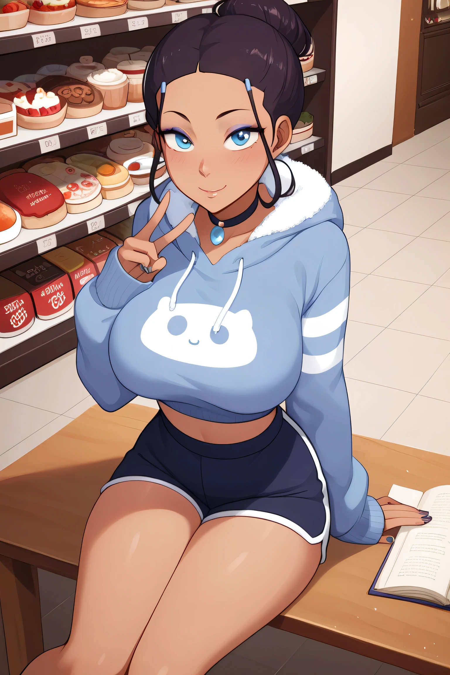beautiful katara, mature, goth girl, with big breast, curvy body, thin waist, messy hairbun, big eyes, eyeshadow, peace sign, big beautiful eyes, thin waist, super tall, thick thigh, wearing hoodie, darkblue, brightblue stripes, black sport shorts, huge neckline, high winter boots, closeup, looking at viewer, necklace, anime, blush, tanned, in old cafe, casual clothes, dynamic shot, darkness, shadows, carpet, sitting in music cafe, bookshelves, dreamy, realistic light,