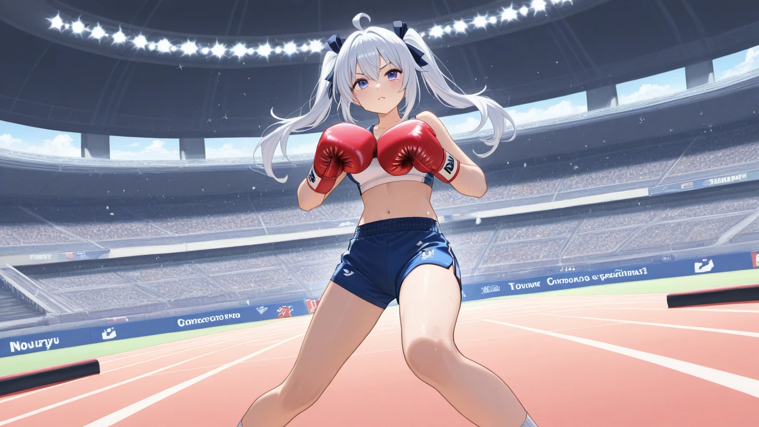 1 female cheerleader solo, red hair, 1girl, uta, 1girl, purple eyes, white hair, multicolored hair, White shirt，Red skirt，White socks，dual horsetail，(plumw:1.3)，ssmile，Exercise posture，Cheerleading pompom in hand，(stadio:1.5)、closeup cleavage、RAW photography, top-quality, A high resolution, (tmasterpiece), (Photorealsitic:1.4),sharp focus, NFFSW, 8K resolution, intricately details, depth of fields, the Extremely Detailed CG Unity 8K Wallpapers, Frontlighting,
