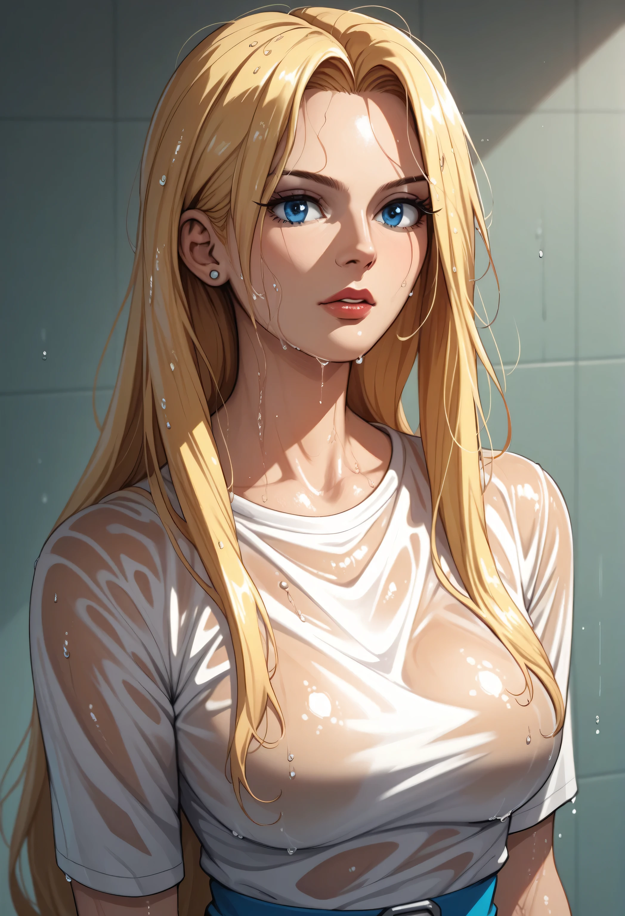 score_9, score_8_up, score_7_up, score_6_up, source anime, BREAK 1girl, solo, mature girl, adult, Maria Robotnik, \(Sonic\), blonde hair, sidelocks, long hair, blue eyes, wet hair, wet clothes, dazed