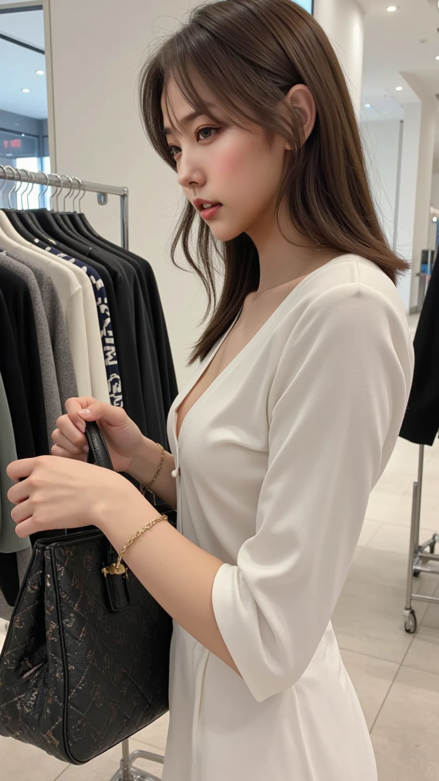 1 Girl ,Highest quality, Ultra-high resolution, Highly detailed skin, Physically Based Rendering, Small breasts, Flat Chest, Down blouse,(20 year old Japanese student, Decorative fine bra , Overlap short sleeve blouse, Small breasts, Sensual ),Sitting,  Crouching on the train, short hair, necklace ,close,From top left ,Focus on the chest ,High brightness 