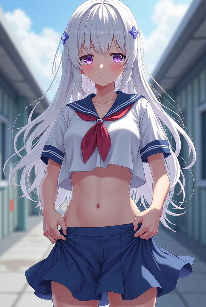 One Girl、blush、Embarrassed look、Perfect Anatomy、Short Bob、Small breasts、(((White student sailor uniform、Dark navy blue pleated student mini skirt、Black knee socks)))、((Hair tousled by the wind、Messy Hair、Broken hairstyle))、(((The wind blows up my skirt:1.3、White panties、Cute ass)))、Pay attention to the butt、Professional Lighting, Film Grain, chromatic aberration, (Eye and facial details:1.0), (Bokeh:1.1)、software:1.5)))、 highest quality, 8k, 20talent, (spread pussy:1.3)), (spread legs:1.1)), ((squat:1.0)), ((peeing:1.3))