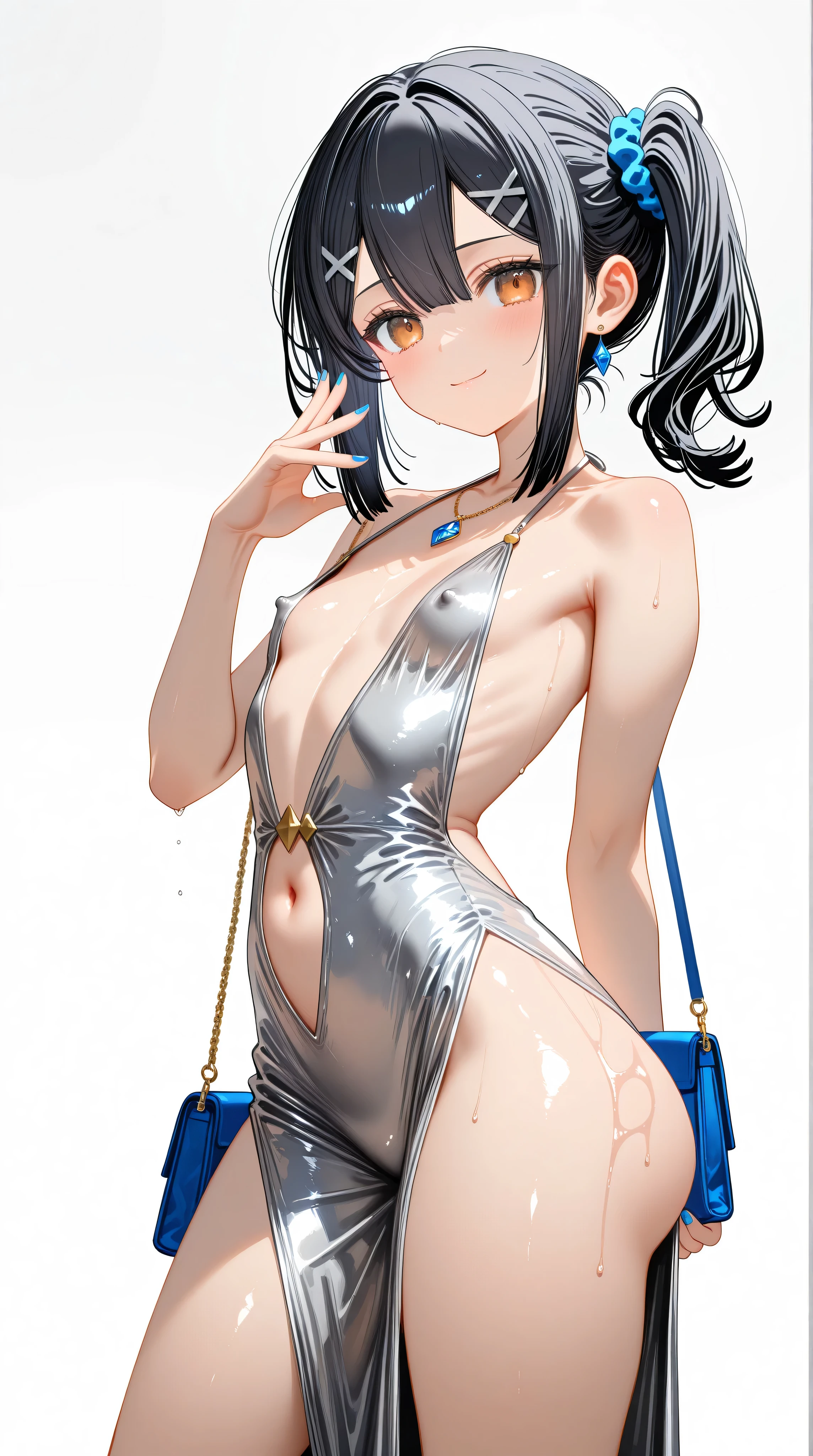 Honor student,Beautiful black hair,long hair,(Straight Hair),high school girl,(boyish),Dark Eyes,(tall),((Slim body)),Muscular,((A confident smile)),Medium Bust,Gold earrings,(((Transparent raincoat))),(((Sexy black micro bikini))),((in the rain))