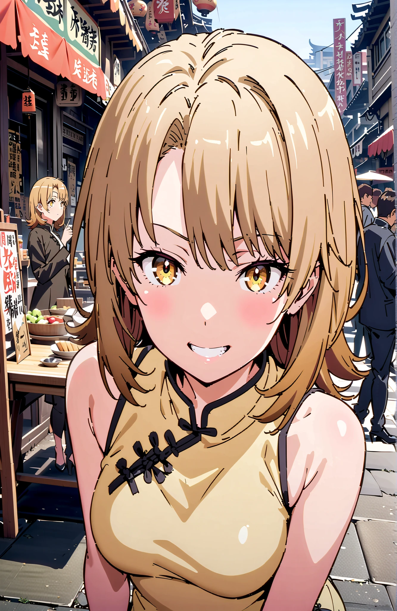 Irohaisshiki, Isshiki Iroha ,solo, short hair, brown hair, brown eyes,narrows her eyes,smile,cover,grins,yellow sleeveless Chinese clothes,Medium breast,Long side slits,pin heels,standing,Double Piece Sign Poses,crowd,full bodyがillustrationsに入るように,break outdoors,Chinatown,
break looking at viewer,full body,
break (masterpiece:1.2), Best Quality, high resolution, Unity 8k 壁紙, (illustrations:0.8), (beautiful detailed eyes:1.6), very detailed face, perfect lighting on the table, Extremely Detailed CG, (perfect hand, perfect anatomy),
