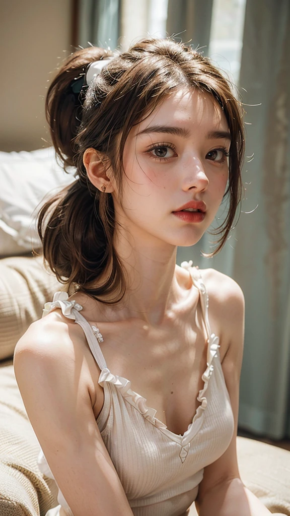 (1girl), straight thin hair, Extremely cute face, (Beautiful girl in a princess dress:1.5), (lace bra:1.6), Amazing face and eyes, (extremely detailed beautiful face), (The sexiest look), (flat chest:1.5), (Best Quality:1.4), (hyper quality), (Ultra-detailed), (extremely detailed CG unified 8k wallpaper), Highly detailed, RAW Photos, Professional Photography, (A luxurious living room with paintings of girls sex on the walls:1.6), a scene from a movie,