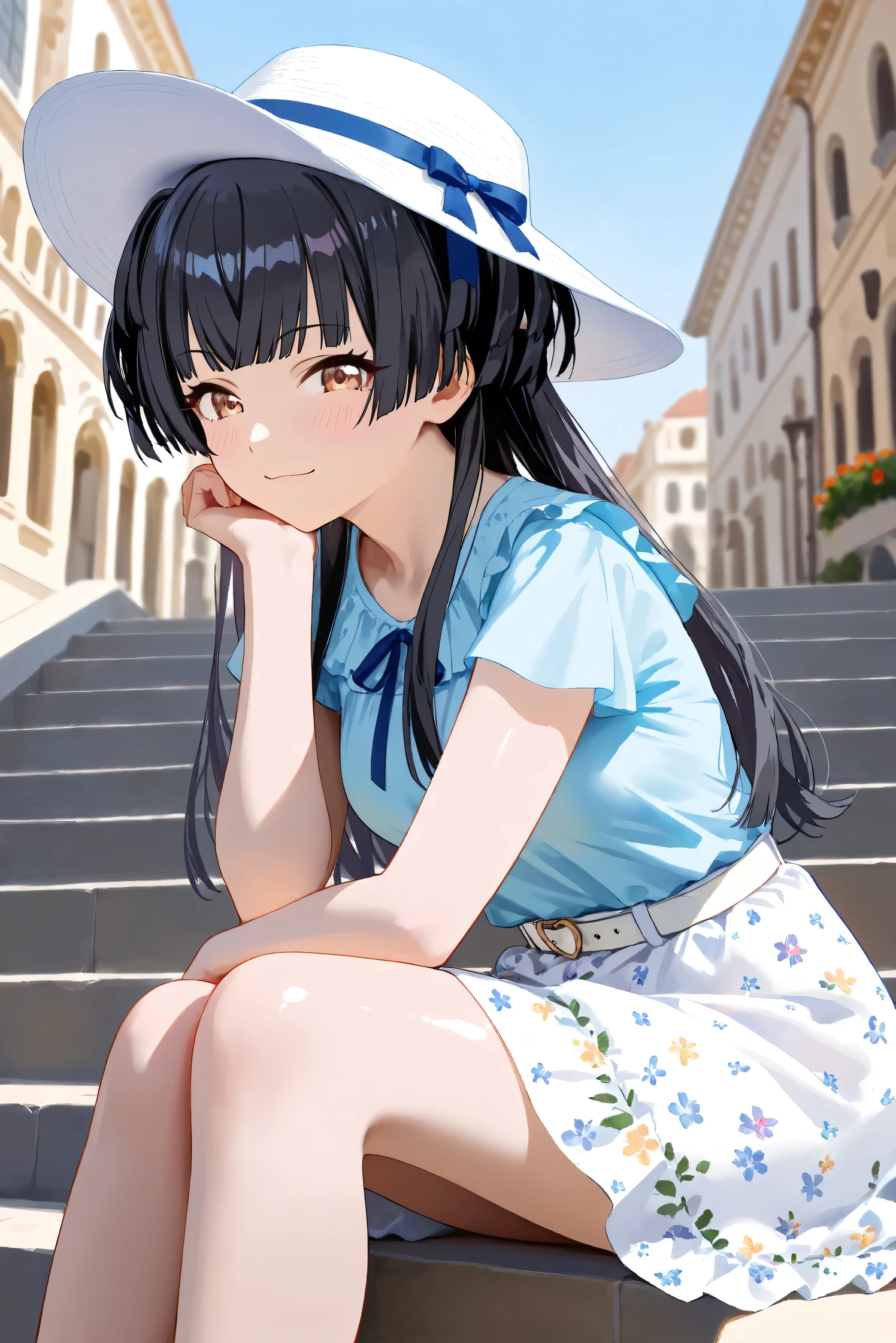 (Masterpiece), (Highest quality), (Very detailed), 
(The best shape), (Best Shadow), (Absurd), 
(Detailed background), (So beautiful), Shiny , 
Extraordinary, Countershading, 8k, 32K, High resolution, Beautiful eyes in every detail,
Very Detailed CG, UHD,

Score_9, Score_8_up, Score_7_up, Source_anime, 
(Pastel painting:1.2), (Watercolor painting:1.2),
(Masterpiece, Detailed:1.2), (Foreshortening:1.2),

Cinematic, Dramatic, (Depth of field:1.4),
(Blurry background:1.4), (Realistic background:1.4),
(Foreshortening:1.3),Dynamic angle, 1 girl, solo,
Venice, Venice Building, Outdoor, Nature, Blue sky, flowers, stairs,

from above,

Mayuzumi Fuyuko,
The idolmaster shiny colors,
mayuzumi_fuyuko, 1girl, black hair, two side up, brown eyes, small breasts,

(Casual wear:1.3),
Light blue shirt, Short sleeves shirt, Frills
ribbon, Blue ribbon,
Skirt, White skirt, Floral print skirt, Belt, White belt,
Wide Brim Hat, (White hat:1.2), Blue ribbon,

Portrait, Focus on face, (close up shot:1.2),
(Blush:1.3), sitting on stairs, seductive smile,
face rest, Leaning forward,
Realistic skin, Shiny skin,