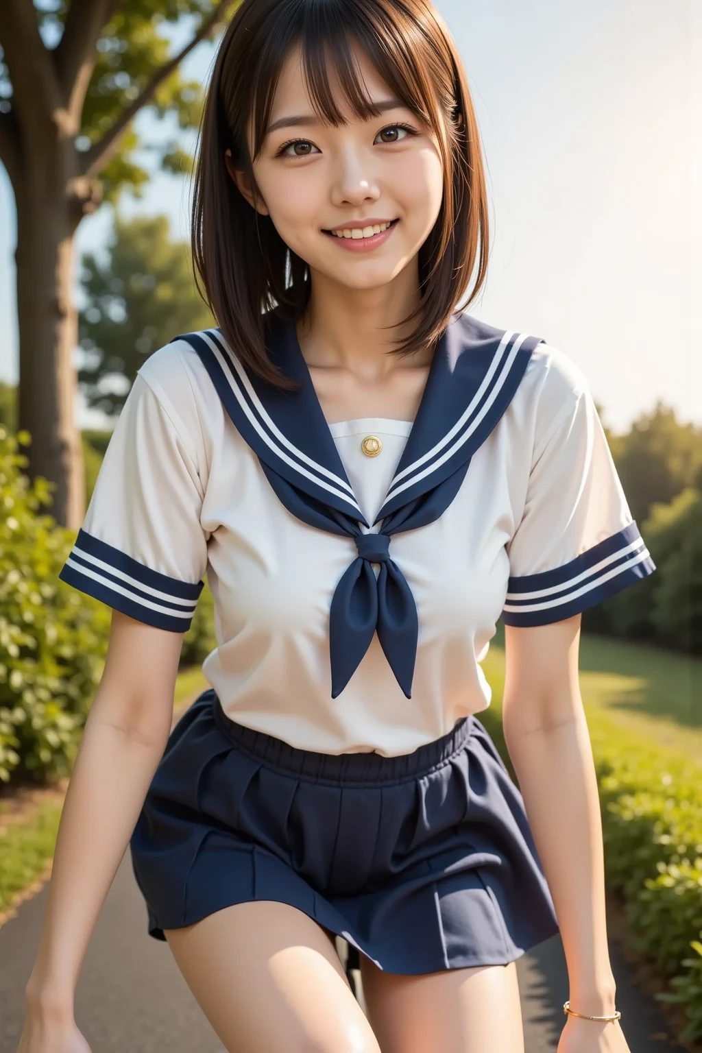 Enhanced dynamic perspective,cute cute 14year old beautiful girl,((school uniform, short sleeve shirt))、((button gap)), short pleated skirt、look at me and smile,simple back gown,works of masters,high quality,4K resolution,super fine,fine pubic hair,Accurate,cinematic lighting,Retain original facial proportions、(small breasts)、