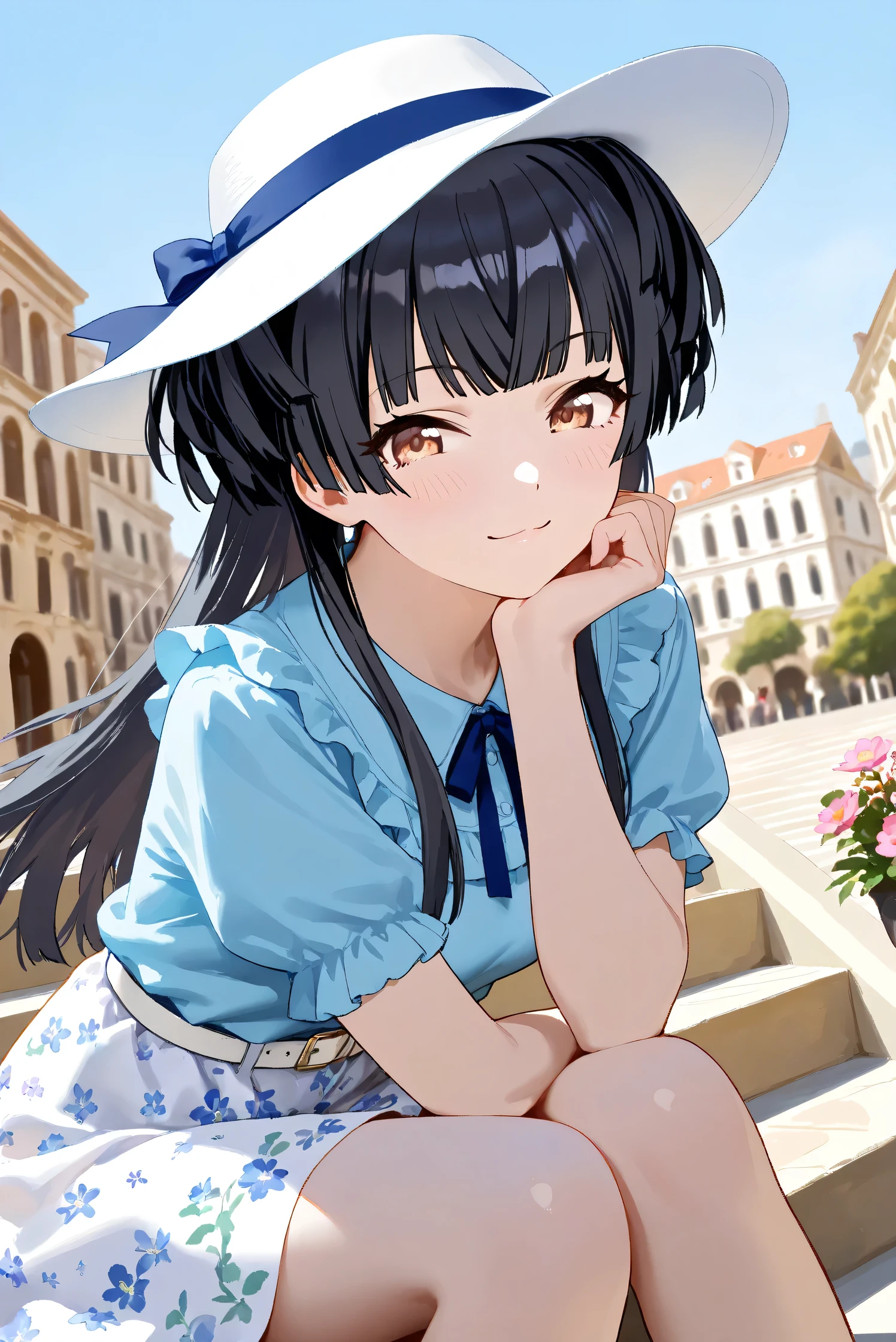 (Masterpiece), (Highest quality), (Very detailed),
(The best shape), (Best Shadow), (Absurd),
(Detailed background), (So beautiful), Shiny ,
Extraordinary, Countershading, 8k, 32K, High resolution, Beautiful eyes in every detail,
Very Detailed CG, UHD,
Score_9, Score_8_up, Score_7_up, Source_anime,
(Pastel painting:1.2), (Watercolor painting:1.2),
(Masterpiece, Detailed:1.2), (Foreshortening:1.2),
Cinematic, Dramatic, (Depth of field:1.4),
(Blurry background:1.4), (Realistic background:1.4),
(Foreshortening:1.3),Dynamic angle, 1 girl, solo,
Venice, Venice Building, Outdoor, Nature, Blue sky, flowers, stairs,
from above,
Mayuzumi Fuyuko,
The idolmaster shiny colors,
mayuzumi_fuyuko, 1girl, black hair, two side up, brown eyes, small breasts,
(Casual wear:1.3),
Light blue shirt, Short sleeves shirt, Frills
ribbon, Blue ribbon,
Skirt, White skirt, Floral print skirt, Belt, White belt,
Wide Brim Hat, (White hat:1.2), Blue ribbon,
Portrait, Focus on face, (close up shot:1.2),
(Blush:1.3), sitting on stairs, seductive smile,
face rest, Leaning forward,
Realistic skin, Shiny skin,